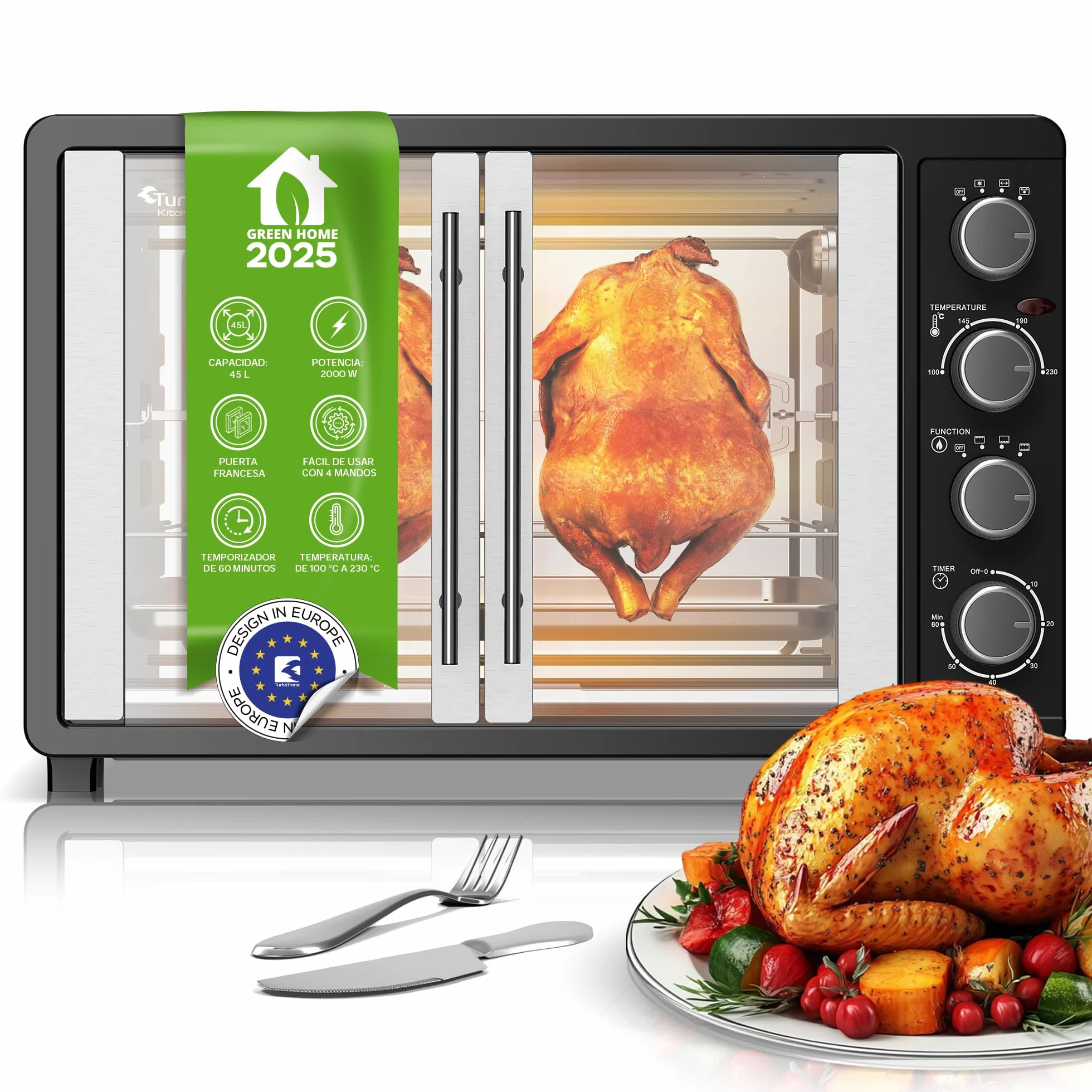 TurboTronic Mini horno con recirculación de aire 45L 2000W negro pincho giratorio temporizador