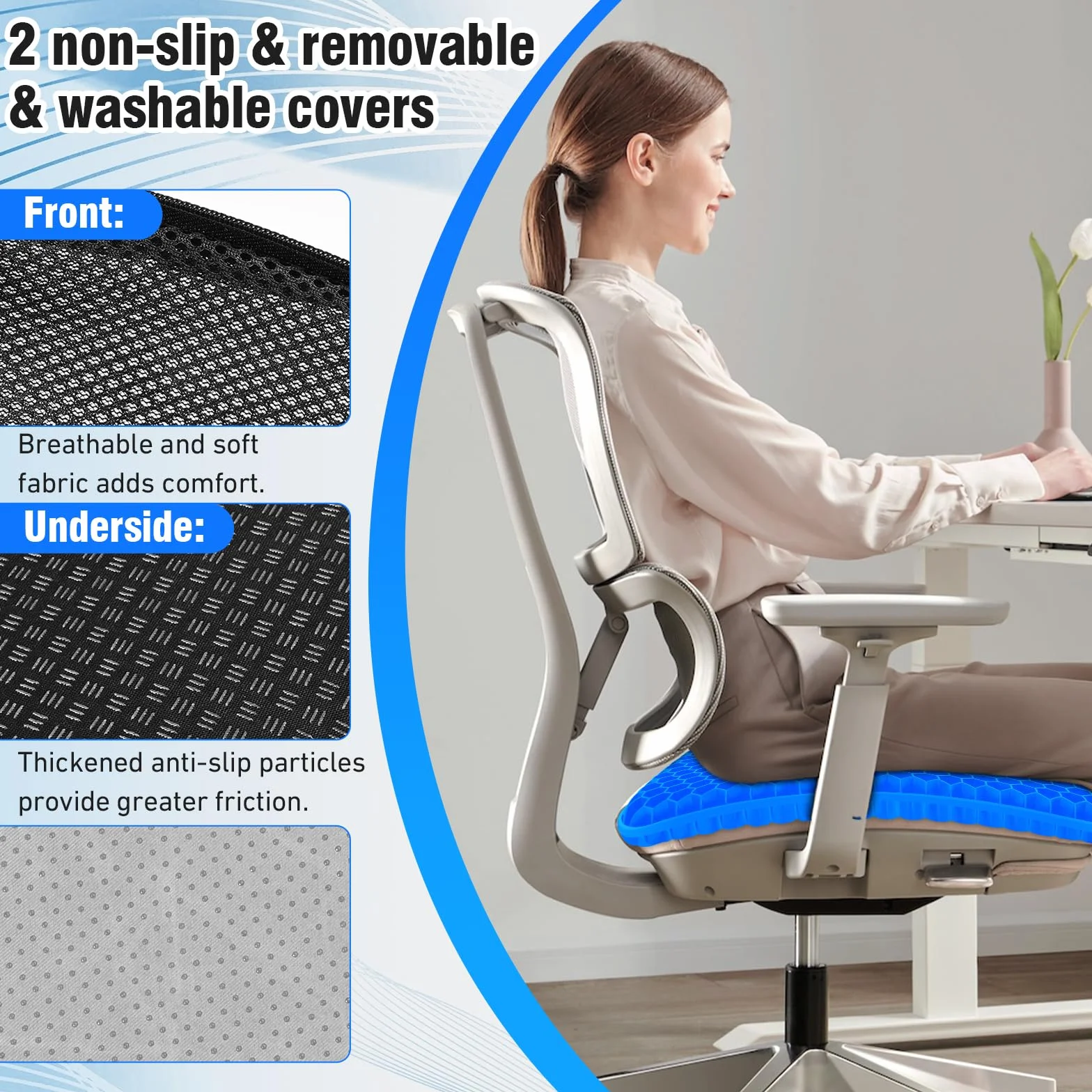 Cojín de Gel Antiescaras para Silla de Oficina, Funda Extraíble y Antideslizante, Transpirable, Azul Oscuro