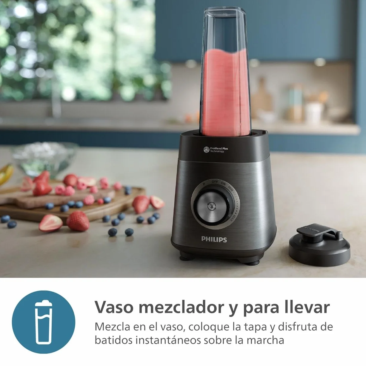 Philips Serie 5000 Batidora, Motor ProBlend Plus de 1200 W, Prepara Batidos Espesos de Fruta Congelada, Capacidad de 2 litros, Limpieza Sin Esfuerzo, Aplicación Nutri-U, Negro (HR3041/00)