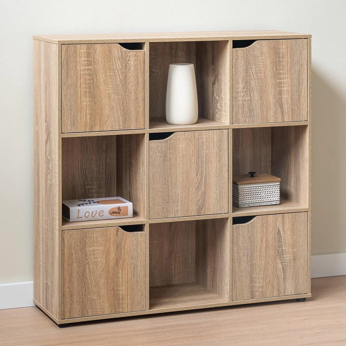 Estantería Cubo Madera Marrón 90x90x29 cm 5 Puertas 4 Huecos Abiertos Almacenaje Compacto