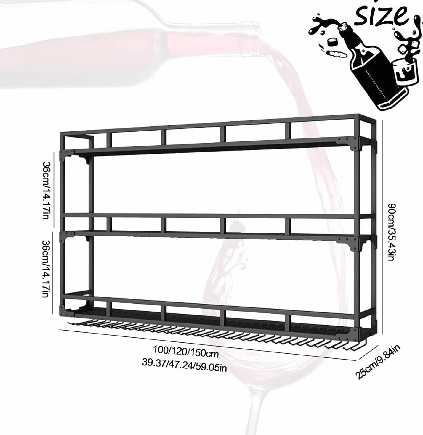 Botellero de Pared Industrial 3 Niveles con Portavasos, Estante Flotante de Metal 100cm, Negro