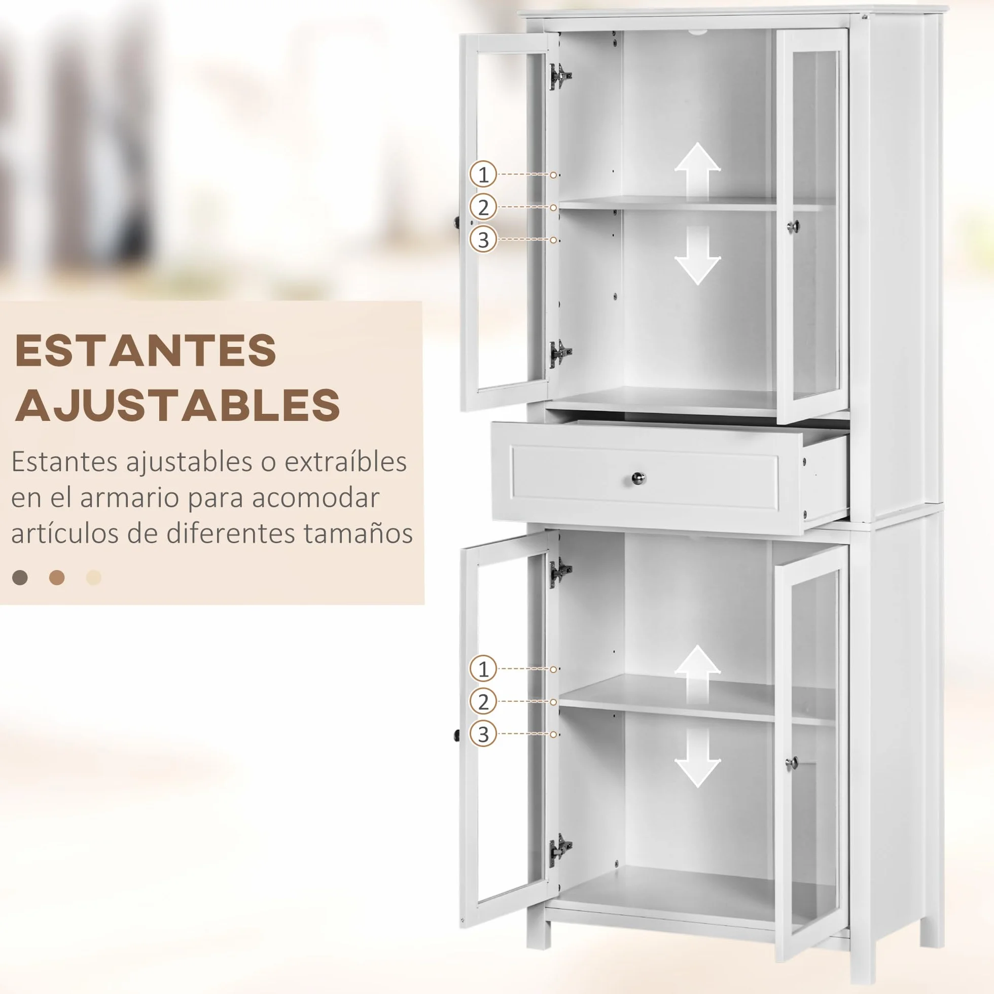 HOMCOM Alacena de Cocina Armario de Cocina con 1 Cajón 2 Estantes Ajustables y 4 Puertas de Vidrio Templado Diseño Clásico para Salón Comedor 74x35,5x181,5 cm Blanco