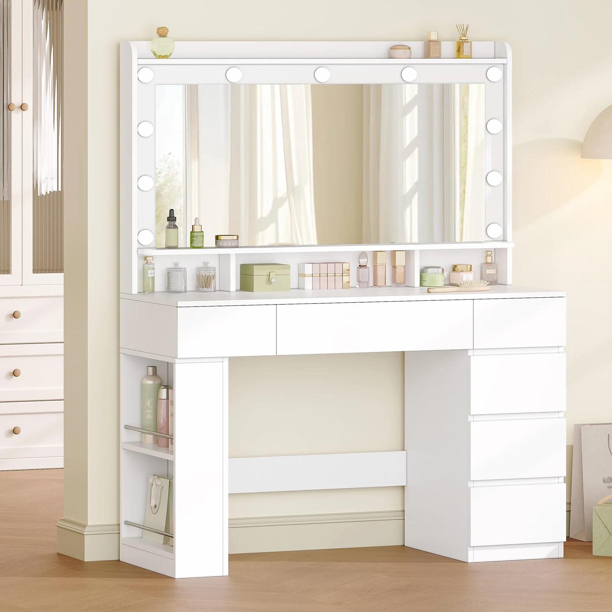 HEXCELEN 108 cm Tocador con Espejo Grande, Tocador de Maquillaje con Luz LED, Mesa de Maquillaje con 6 Cajones y Compartimento de Almacenamiento Lateral Abierto, Blanco