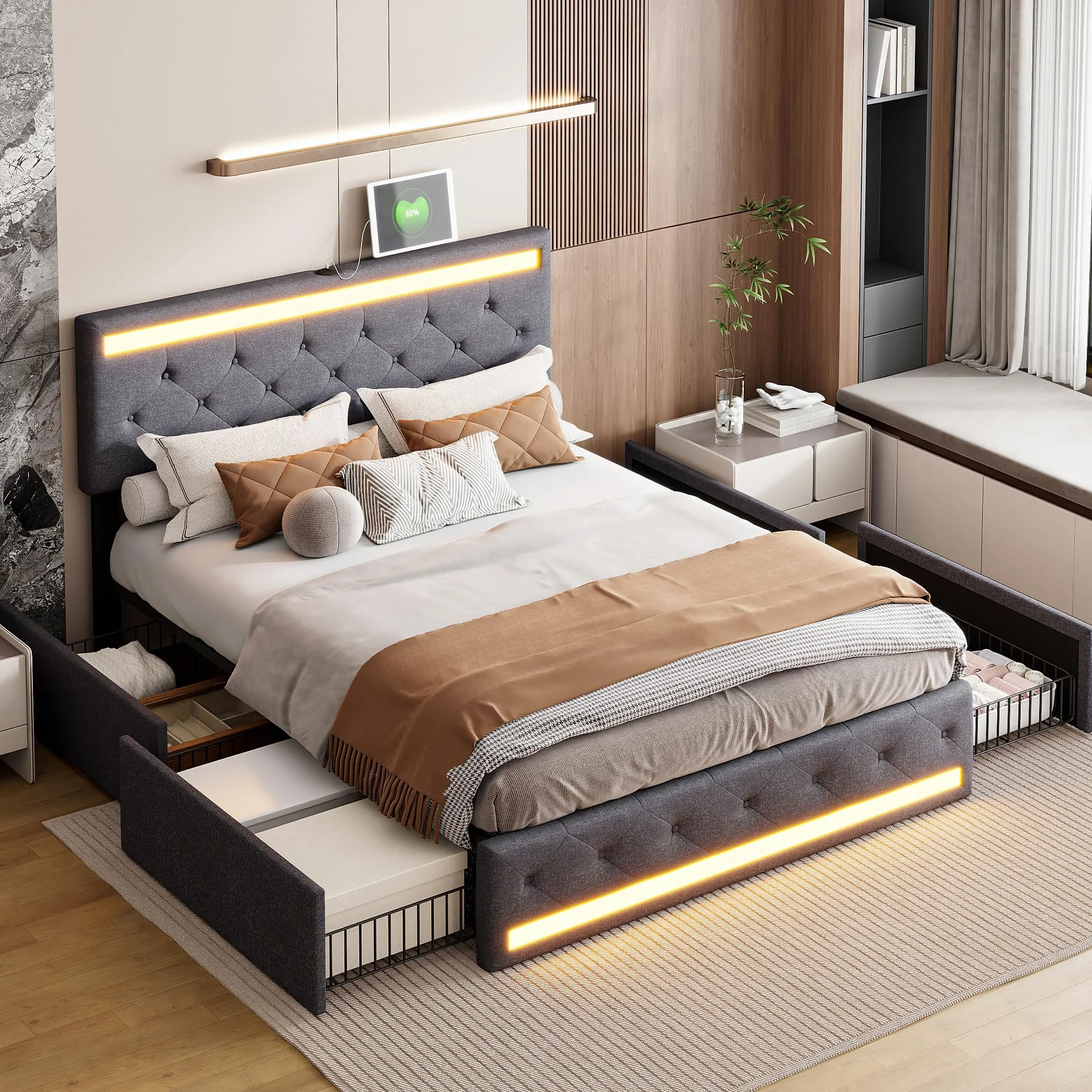 KeepGoon Cama Doble de 180 x 200 cm, Cama Acolchada con 4 cajones de Hierro, Largo Puerto USB y Barra para lámpara de Noche, Cama de Almacenamiento, con somier, Tela de Lino, cabecero Ajustable