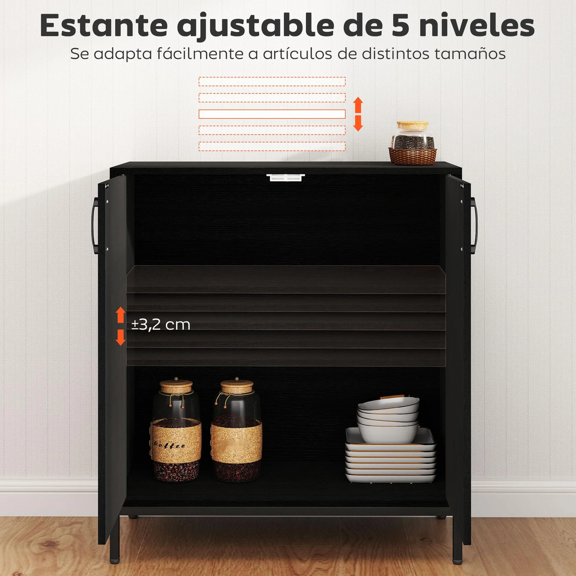 HOMCOM Aparador para Salón con 2 Puertas, Aparador de Cocina Moderno, Estante Ajustable y Base Elevada, para Comedor, Pasillo, Dormitorio, 80x40x90 cm, Negro