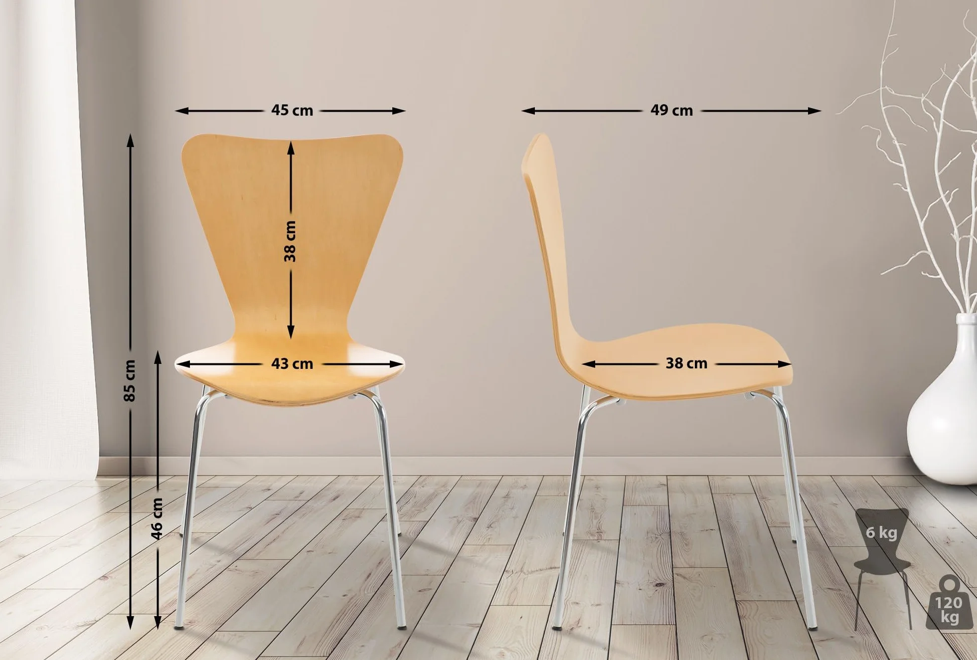 CLP Silla de Visita Apilable Calisto I Silla de Comedor Apilable & Asiento de Madera I Silla de Cocina con Base de Metal, Color:Natura