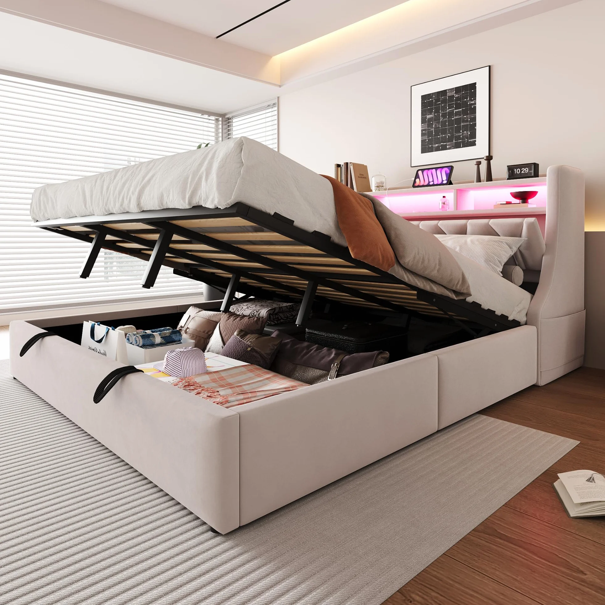 Sapgaks - Cama de 180 x 200 cm, con somier LED y USB, cama doble de 180 x 200 cm, con baúl de almacenamiento y cabeza ajustable, tapizado con láminas, 2 personas marco (sin colchón)