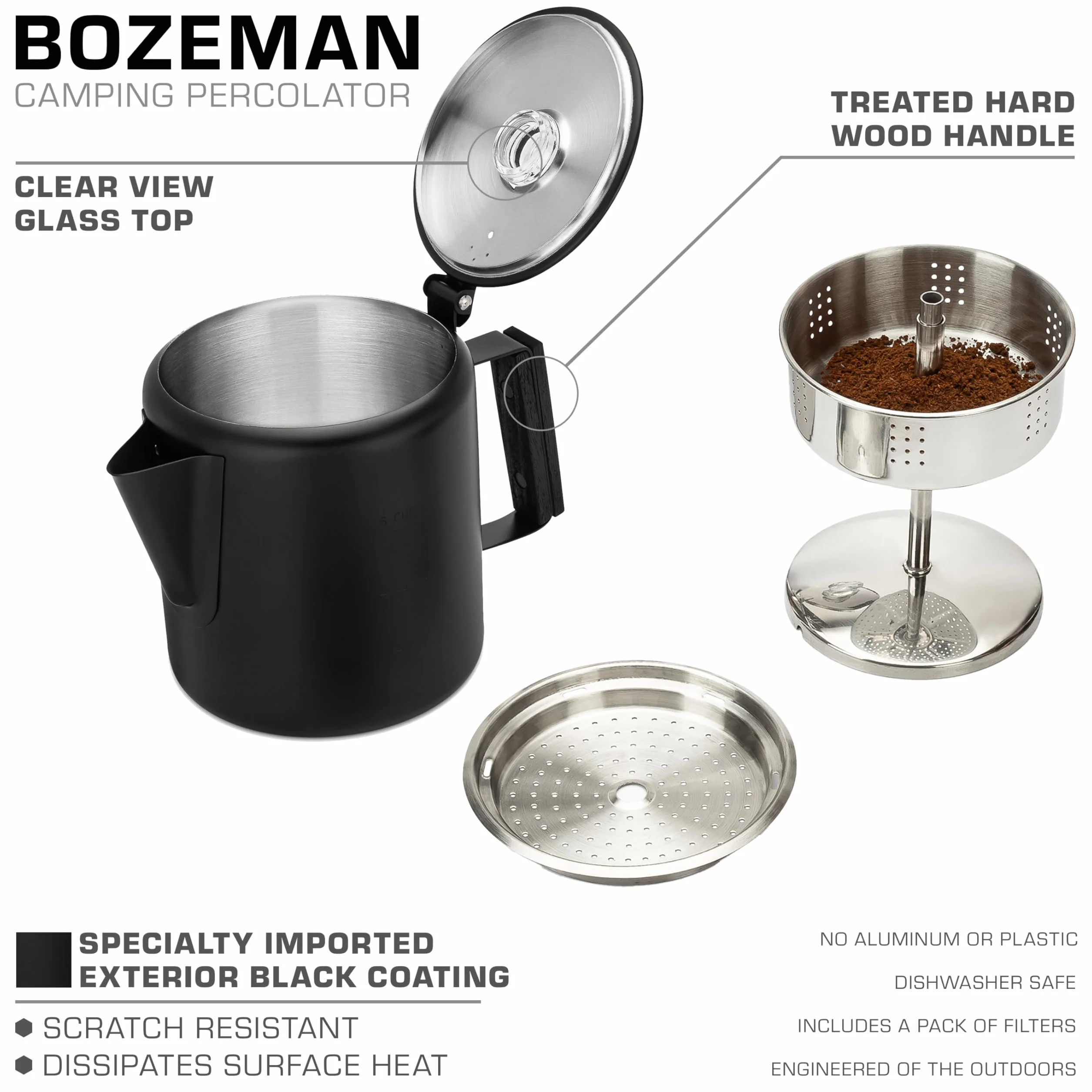 COLETTI Black Bozeman Cafetera Percolador Camping Acero Inoxidable 6 Tazas