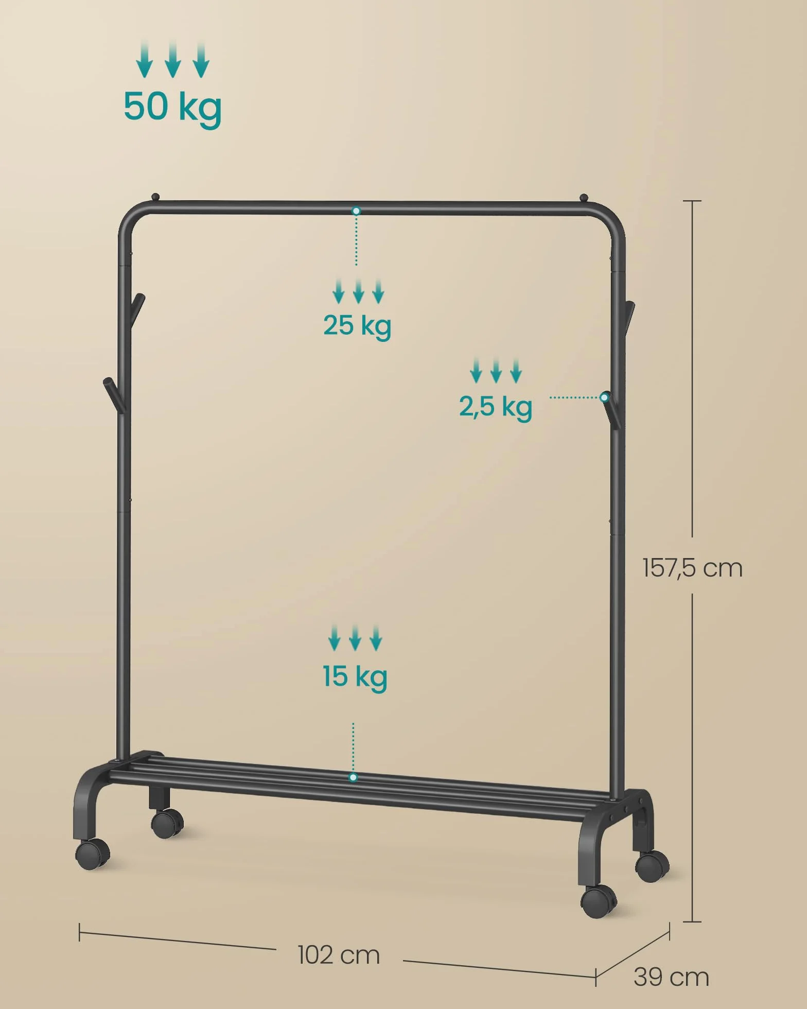 SONGMICS Perchero Burro con Ruedas, Barra, Tubo de Acero, 50 kg, 102 cm, Negro