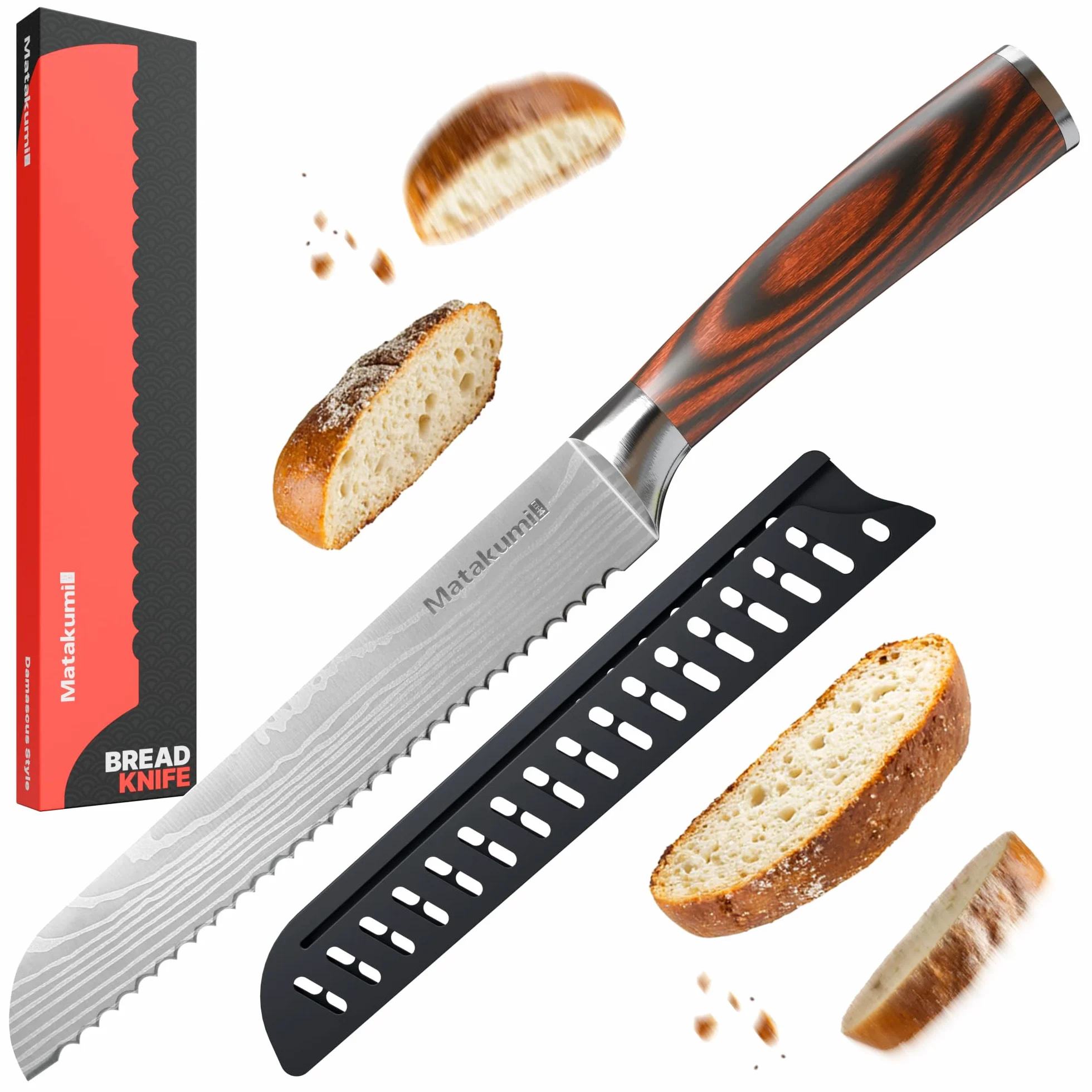 Matakumi Cuchillo Pan 20 cm Hoja Dentada – Extra Afilado Cuchillo Panero Hecho de Acero Inoxidable – Cuchillo Para Pan en Estilo Damasco – Cuchillo de Sierra de Cocina Para Pan