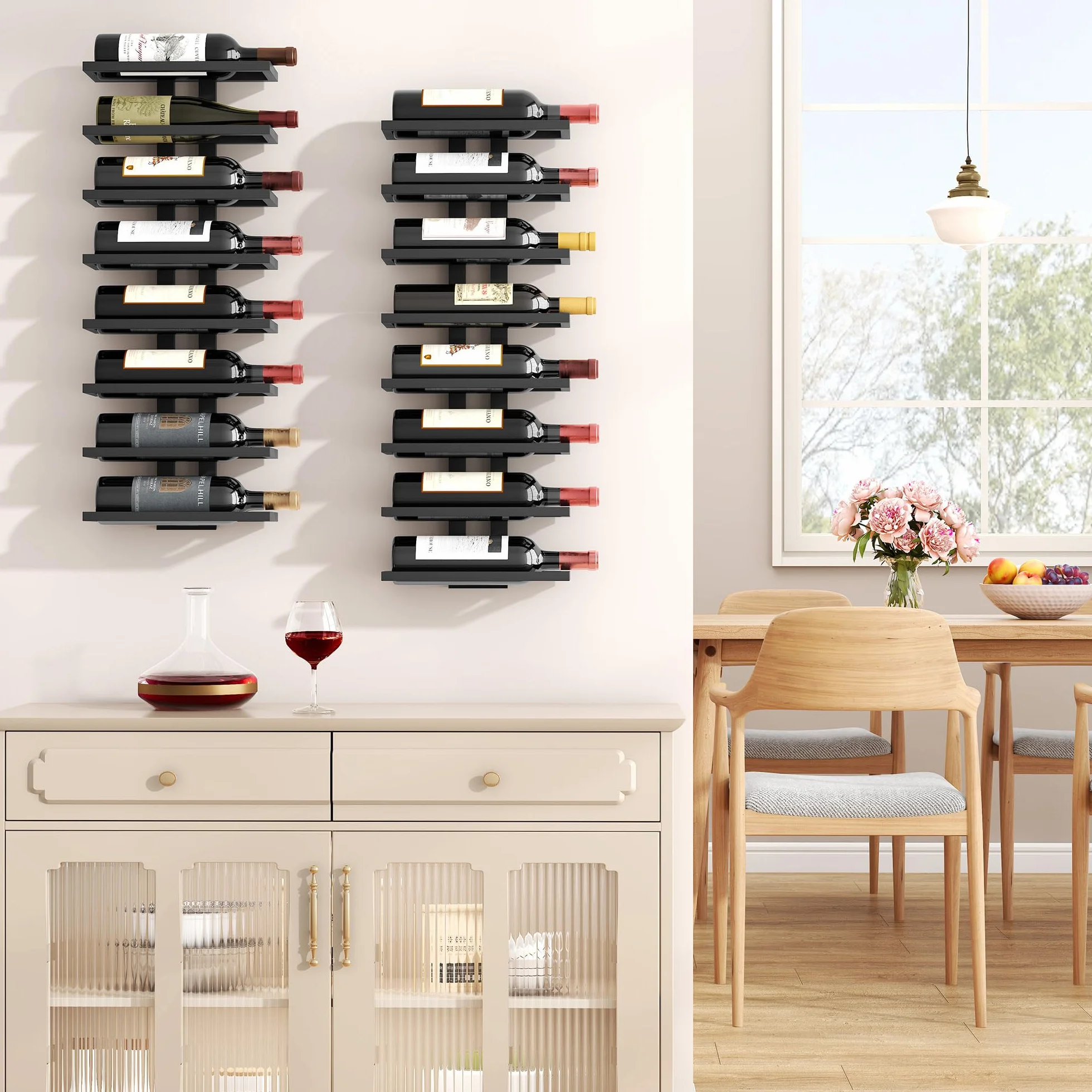 FAVOOSTY Botellero de Pared, Botellero Vertical, Estante para Botellas con 8 Niveles, 8 Botellas de Vino, Soporte para Botellas, Estante de Metal para Botellas de Vino, para Comedor, Bodega, Negro