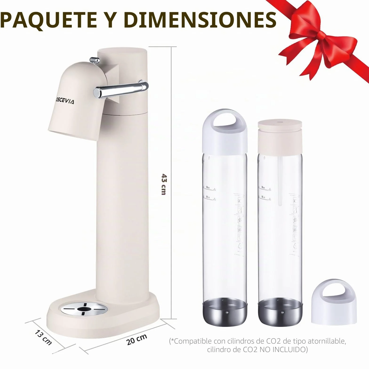 Fabricante de Soda con Botellas Sin BPA 1L+1L, Máquina de Agua con Gas para Casa, Compatible con Cilindros CO2 60L, Blanco