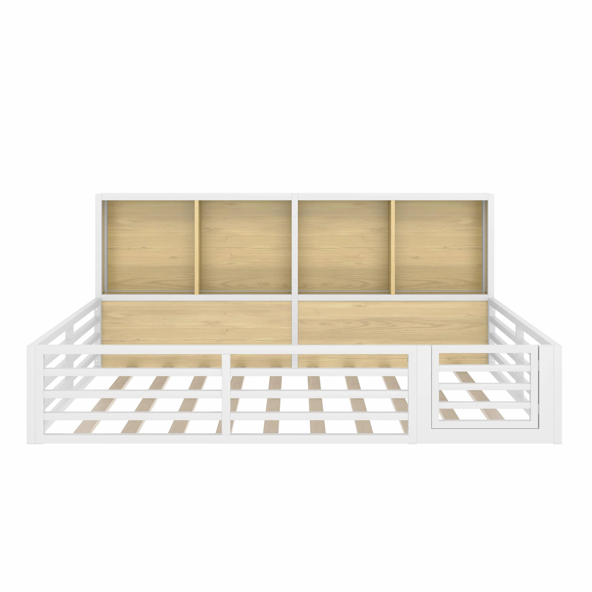 Montessori - Cama infantil (140 x 200 cm, con protección anticaída y somier, cama de casa con 4 compartimentos de almacenamiento, iluminación LED y puerta), color blanco, 140 x 200 cm