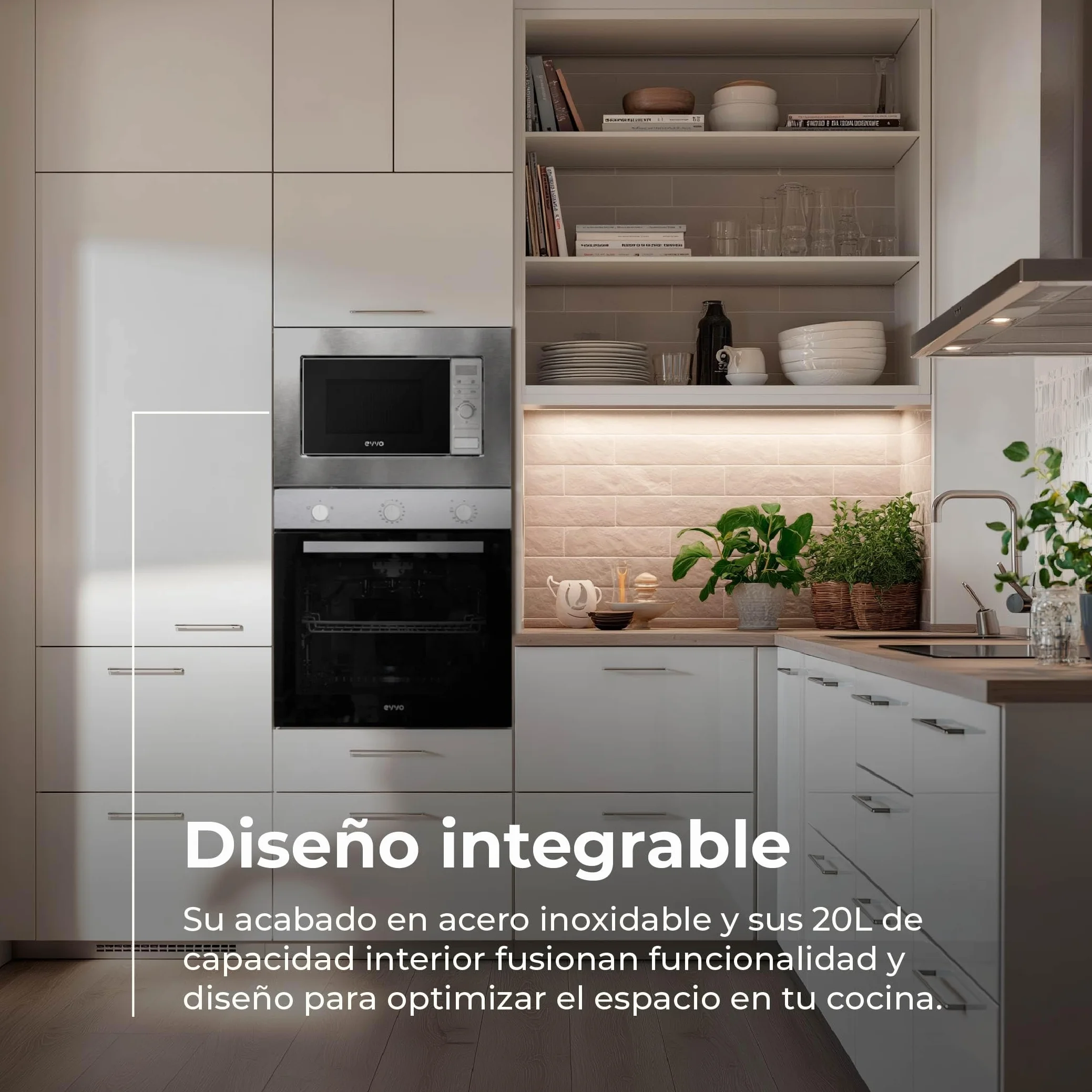 EVVO Microondas Integrable Mi30 Inox - 21 Litros, Horno Microondas Función Grill, Display Digital, Bloqueo Infantil y Temporizador de 60 Minutos, Negro