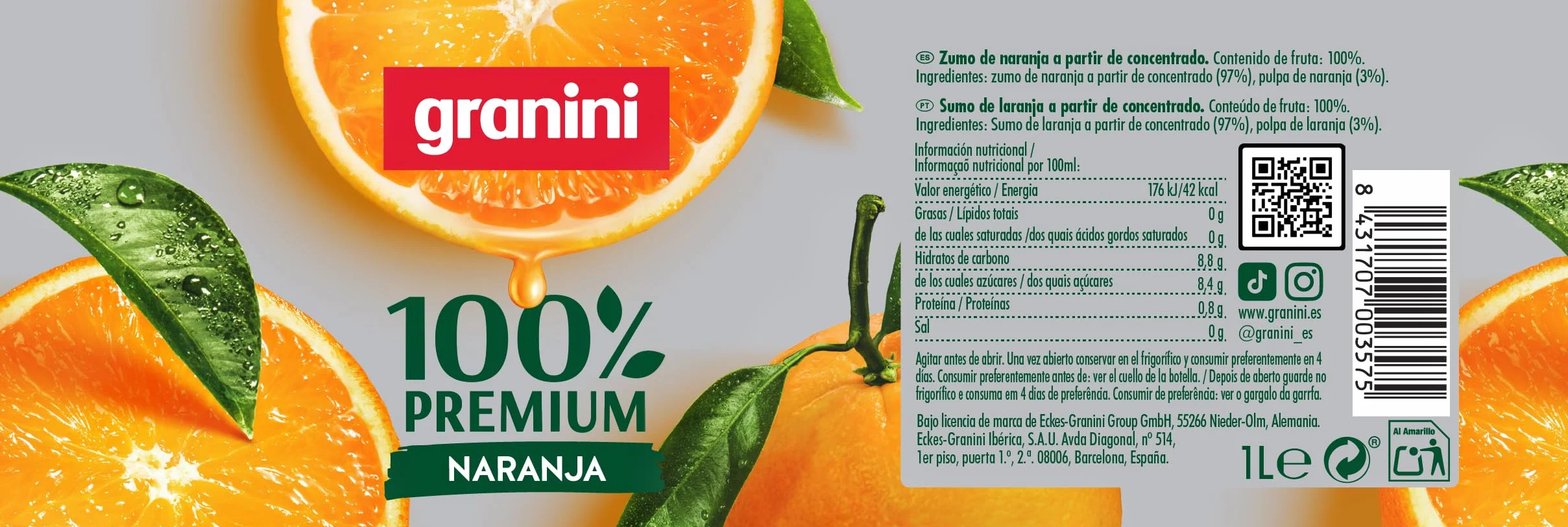 Granini Premium 100% Zumo de Naranja con Pulpa, 6 x 1L
