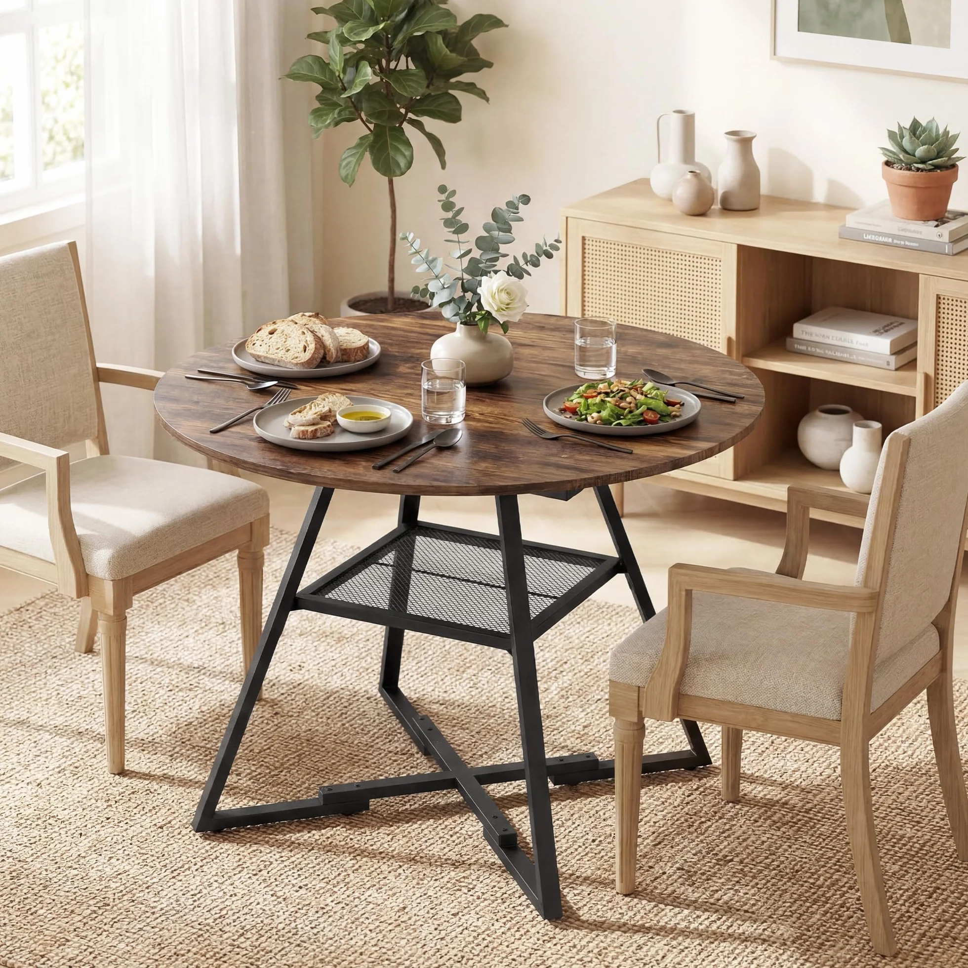 HOMCOM Mesa de Comedor Redonda, Mesa de Cocina para 4 Personas con Estante, Marco Metálico, para Sala de Estar, Ø100x76 cm, Marrón Rústico