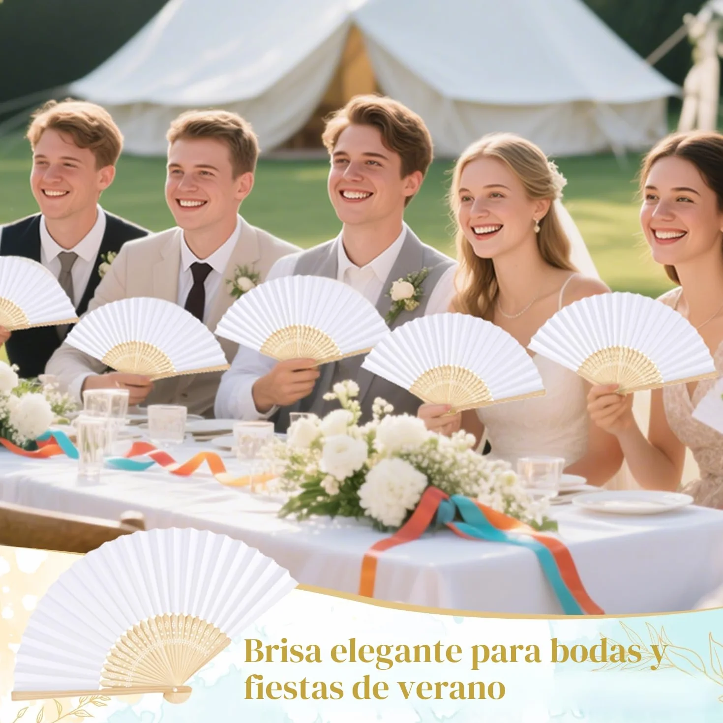 iZoeL 12 Abanicos Blanco Boda Invitados Mano, Abanicos de Papel Plegables con Varillas de Madera, Incluye 12 Bolsas de Organza, Detalles Bodas Invitados Fiesta Verano