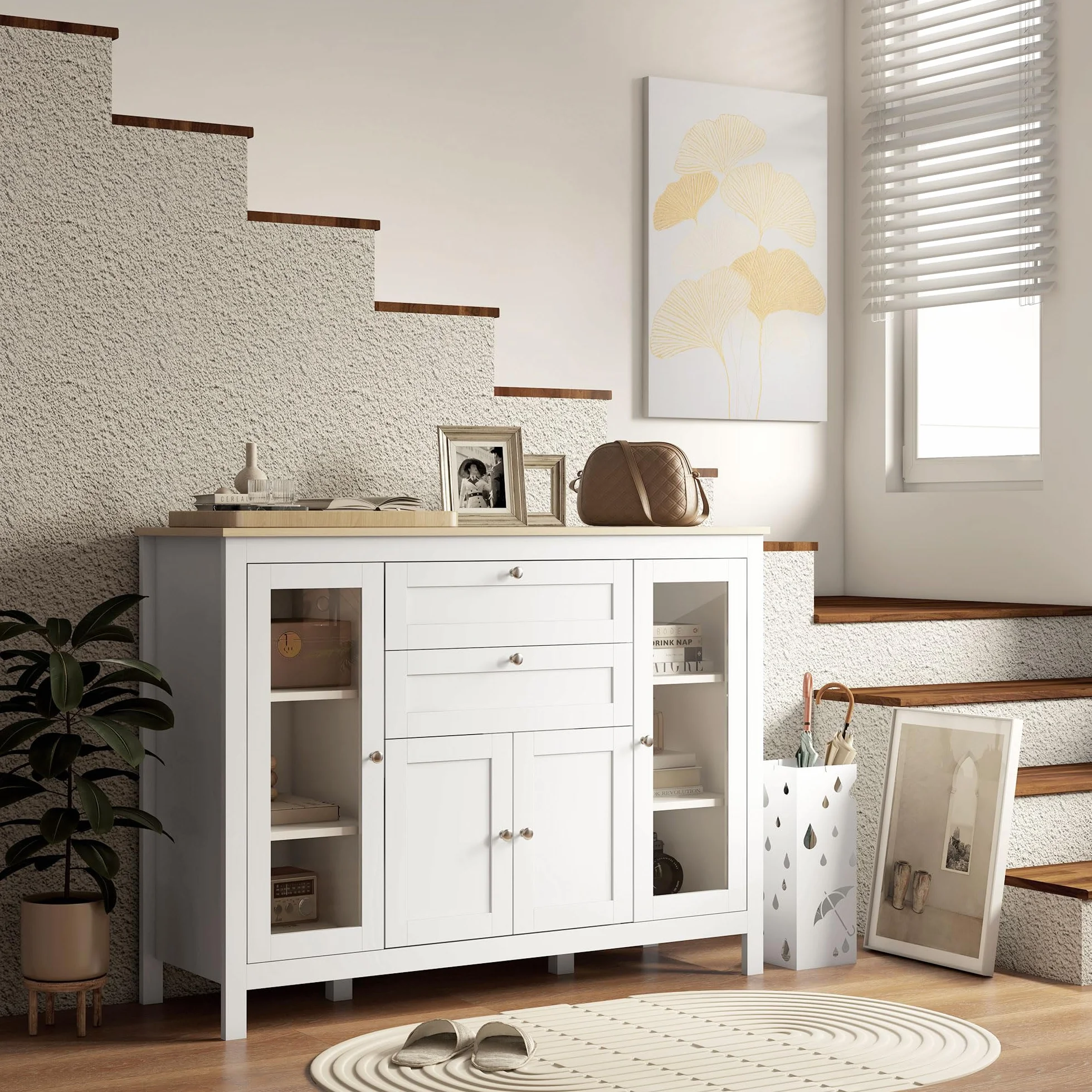 HOMCOM Aparador de Cocina con Armario 2 Cajones 2 Puertas de Vidrio y Estantes Ajustables Muebles Auxiliar de Almacenaje para Comedor Salón 120x40x90 cm Blanco