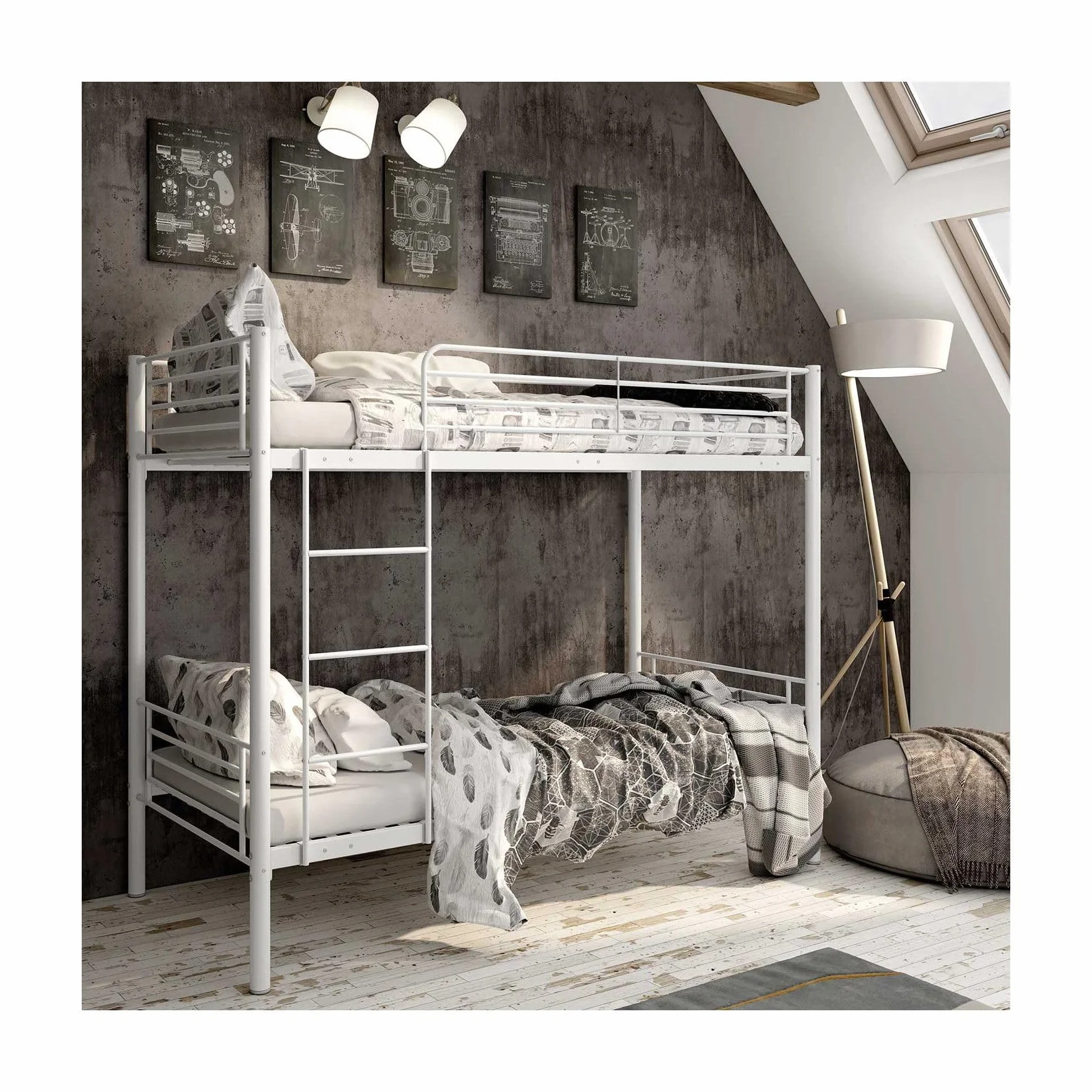 Litera Juvenil Sencilla 90x190 Blanca Estructura Metálica con Escalera Doble Infantil Modelo BOOL