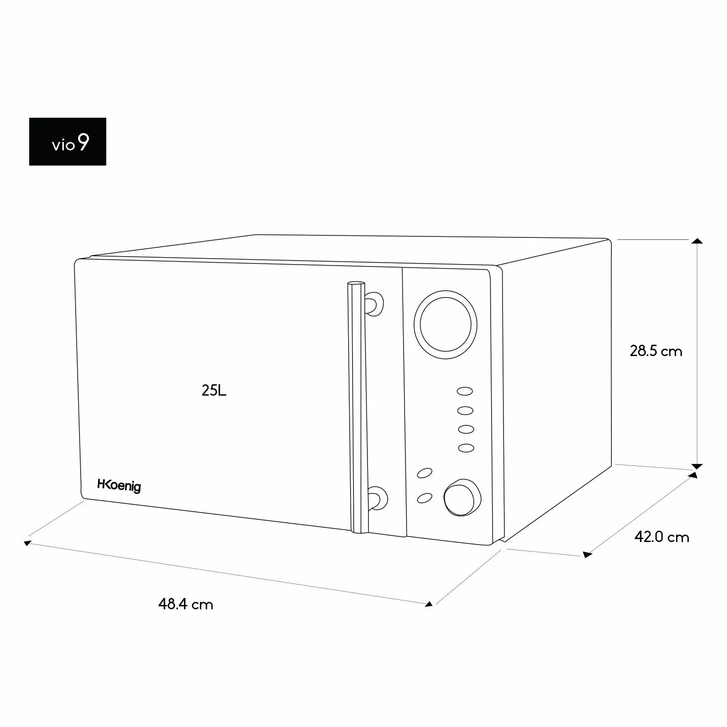 H.Koenig VIO9 Microondas con Grill, Potencia 900 W y Potencia Grill 1000W, 25 litros, Temporizador hasta 95 min, Pantalla LED, 5 Niveles de Potencia de Calentado, Modo Grill y Descongelador