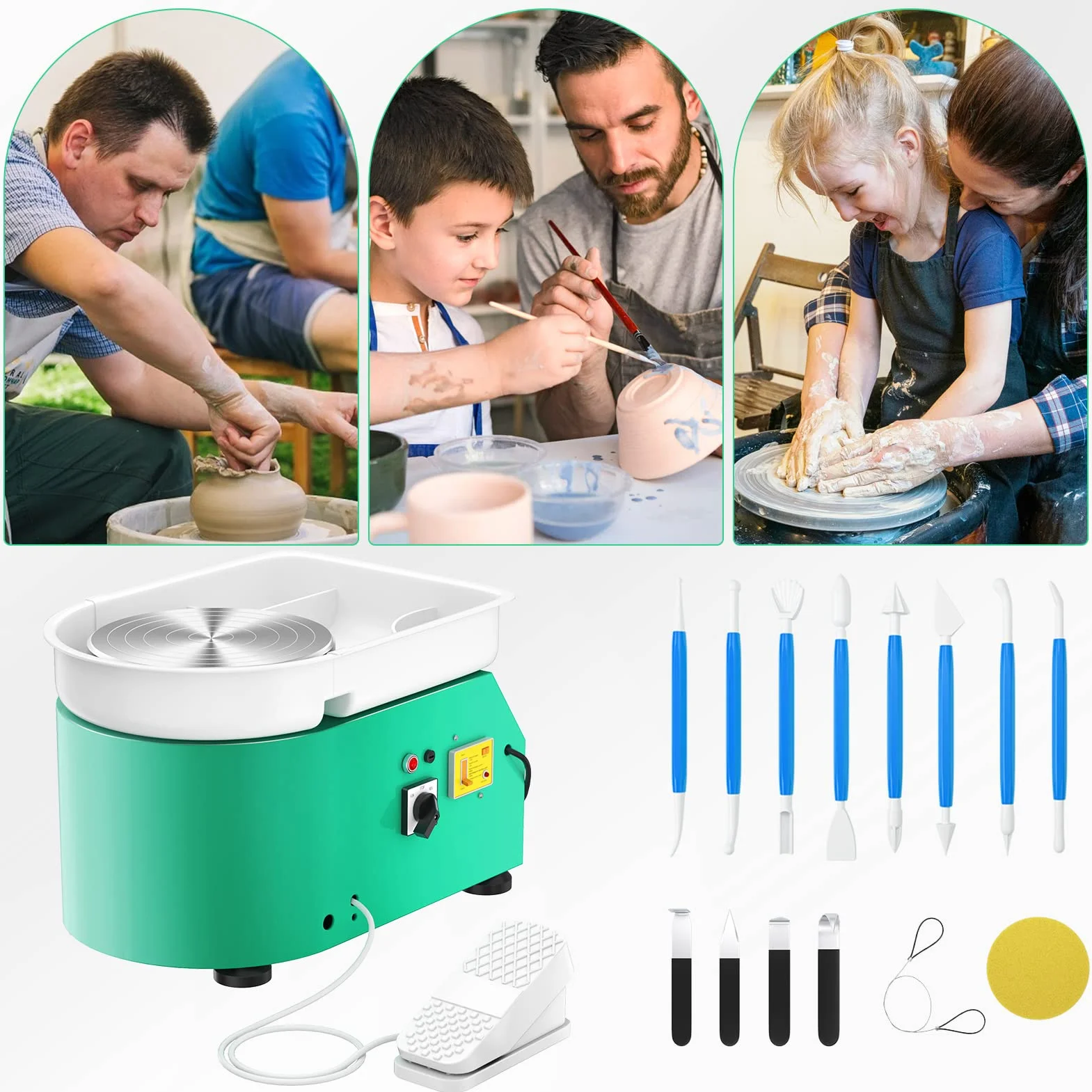 Torno Alfarero,350W Torno Ceramica 0-300r/min,25CM Rueda de Alfarero con Pedal y Lavabo Desmontable para Herramientas de Modelado para Principiante y Amante de Creación de cerámica (Verde)