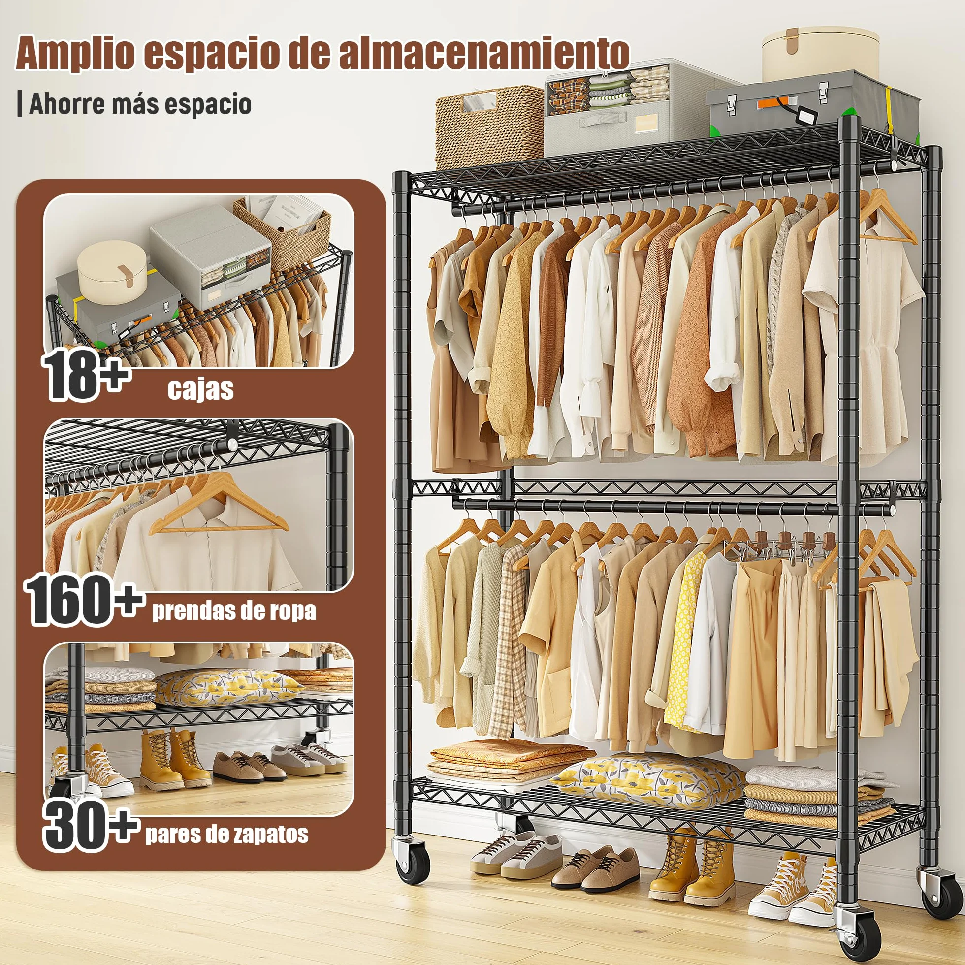 Burro Ropa Resistente con Ruedas 90x40x200cm Doble Barra Colgadora Estante Ajustable Carga Pesada 150 kg
