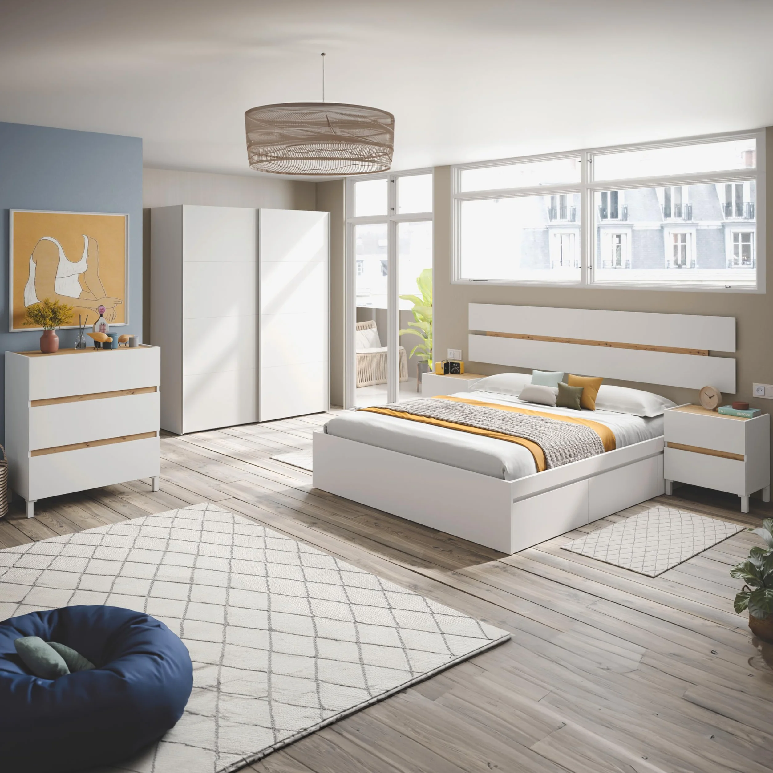 duehome | Armario de 2 Puertas Correderas, Barra de Colgar y Estantes, Armario para Dormitorio, Modelo Unix, Acabado en Blanco Artik, Medidas: 150 cm (Largo) x 200 cm (Alto) x 60 cm (Fondo)