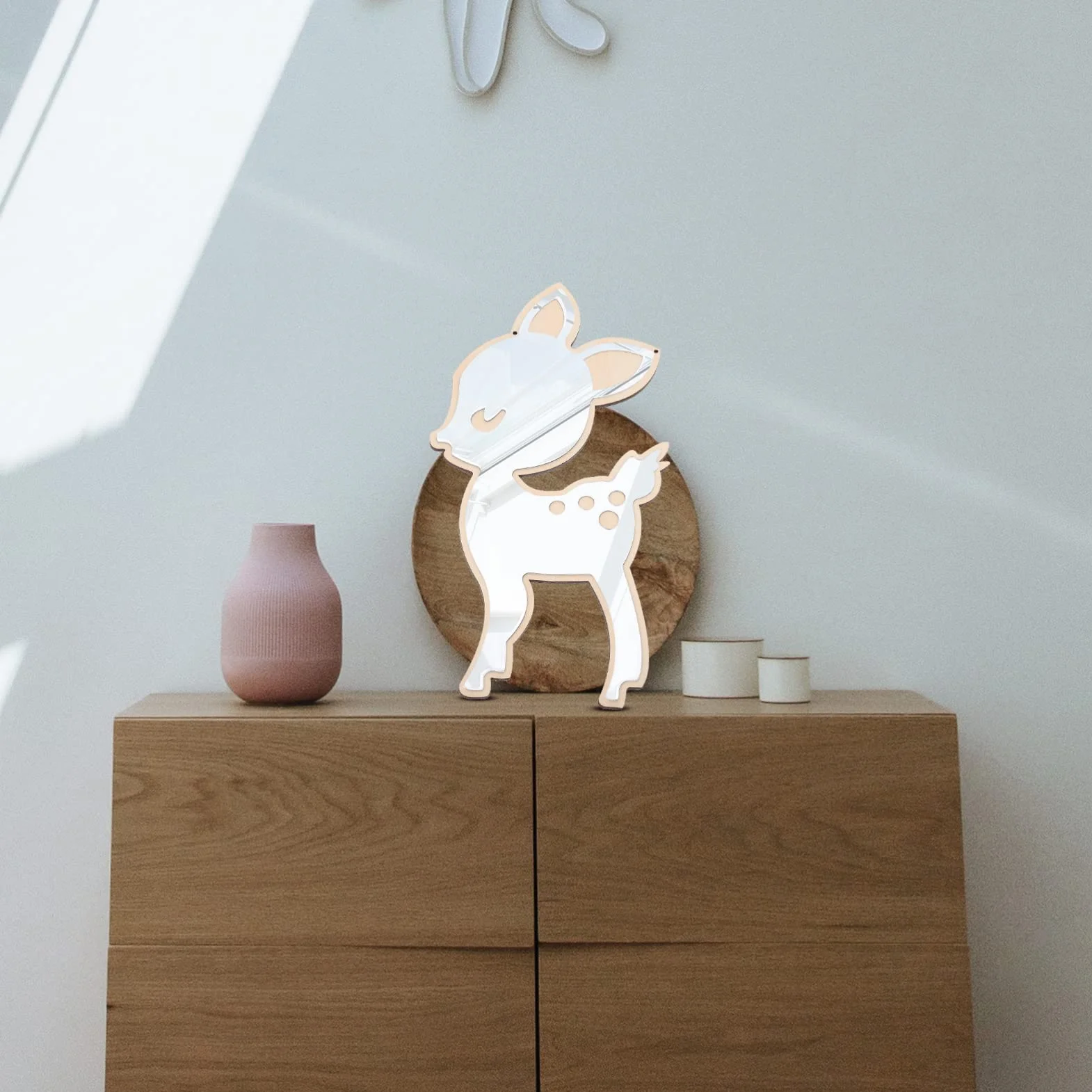 HOMSFOU Espejo De Ciervo De Madera Decoración De Pared Nórdica Acrílico No Vidrio Irrompible Espejo Decorativo para Sala De Estar Sala De Juegos Infantil De Pie Y Colgante
