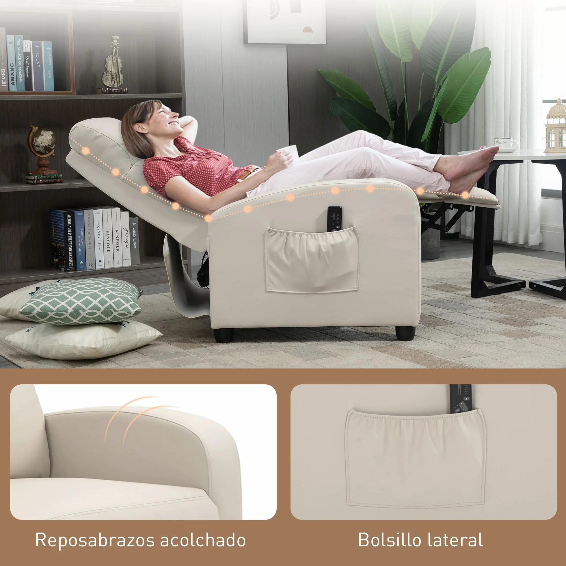 HOMCOM Sillón de Masaje Reclinable con Mando a Distancia 2 Zonas 8 Programas 5 Niveles Intensidad 68x88x98 cm Crema