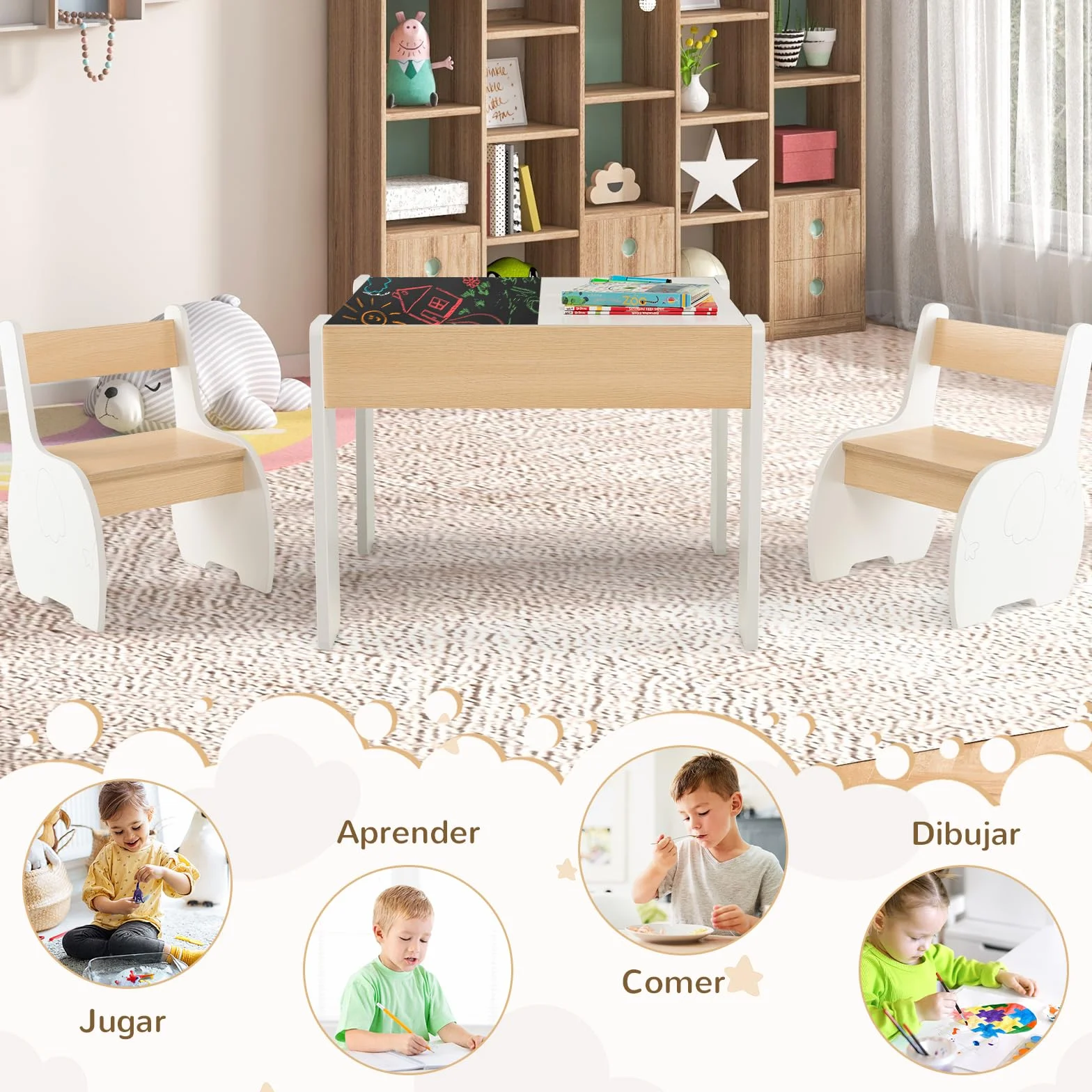 RELAX4LIFE 4 en 1 Juego de Mesa y 2 Sillas Infantil con Pizarra, Pizarra Blanca y Espacio Almacenamiento, Mesa Reversible con Tablero Extraíble para Dibujar, Pupitres para Niños 3-6 Años (Blanco)