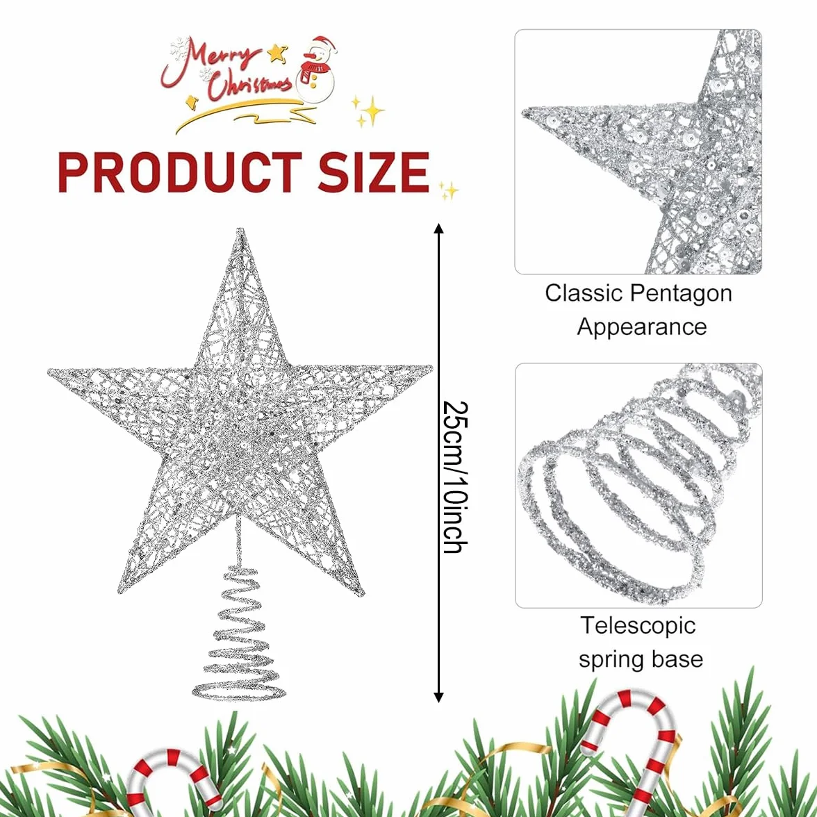 Estrella para Árbol de Navidad Plateada | Adorno con Diseño 3D Hueco y Purpurina | Decoración Universal para Copa de Árbol | Se Adapta a Todos los Tamaños | 23x20 cm, Plata