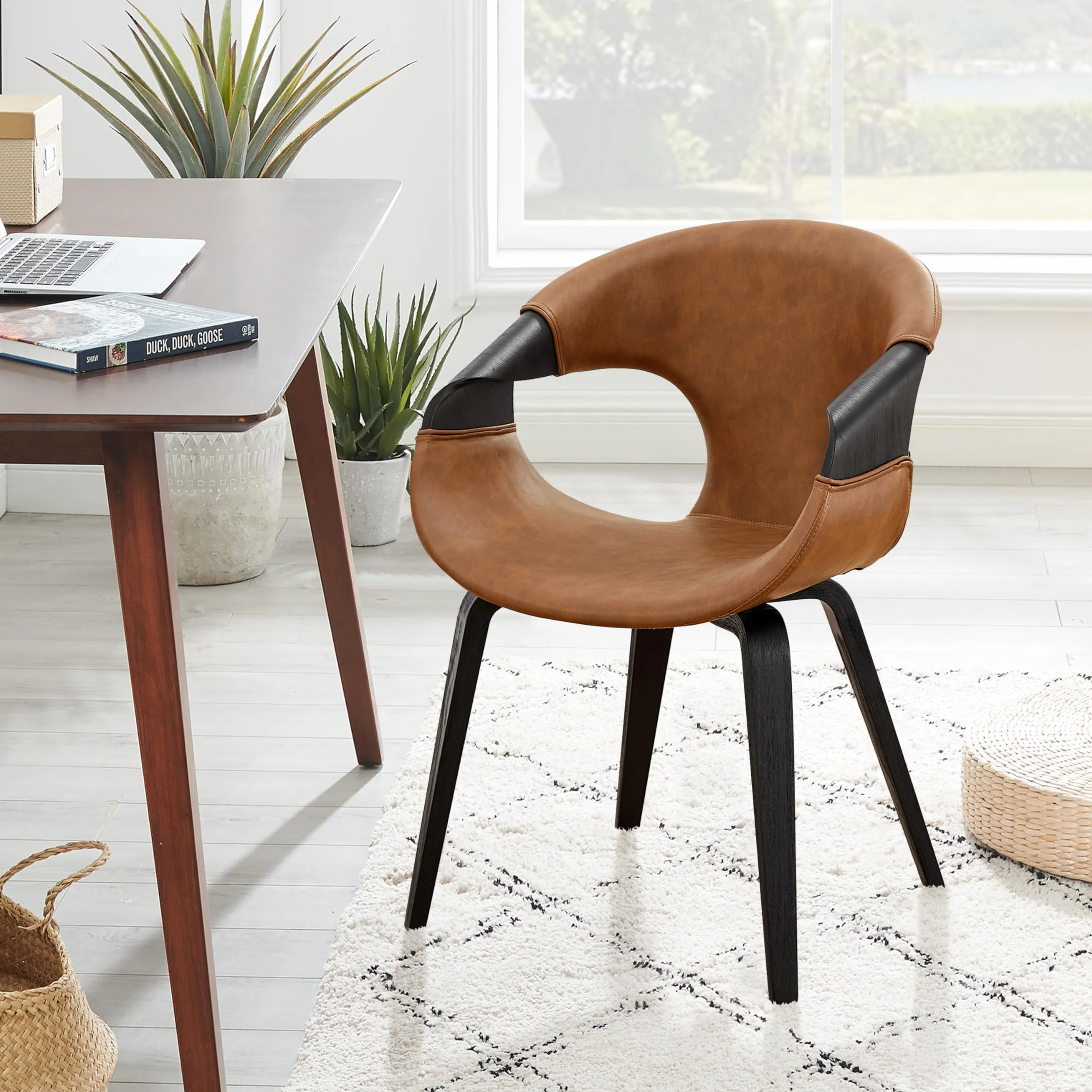 Zouron - Silla de comedor (estilo de madera curva), juego de 1,sillón moderno marrón, silla tapizada de piel sintética, silla de salón con respaldo, silla de cocina, silla de oficina en casa