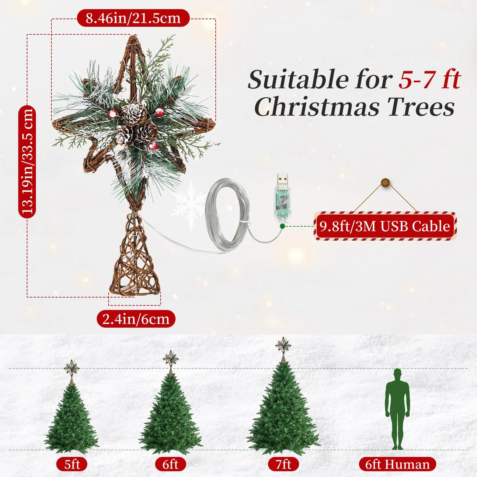 Lewondr Corona De Árbol De Navidad, 13,19" 20 LED Estrella De Navidad Ratán Rústica con Piña Y Hojas, Temporizador 6H, 8 Modos De Luz, USB Y Control Remoto Estrella Corona Árbol, Marrón