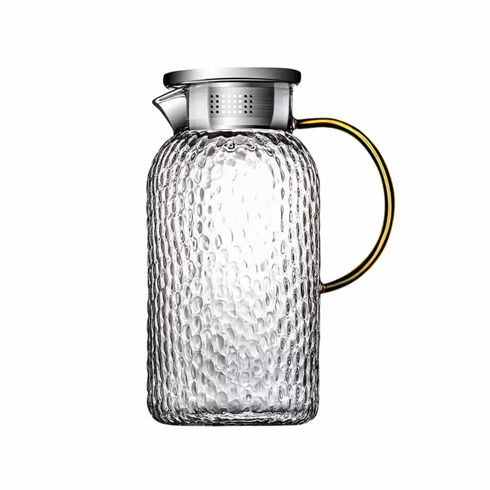 Nff Jarra De Cristal, Jarra De Agua De Cristal De 1,8 L con Tapa, Jarra De Cristal Texturizado Martillado con Asa, Apta For Té, Zumo, Agua, Café