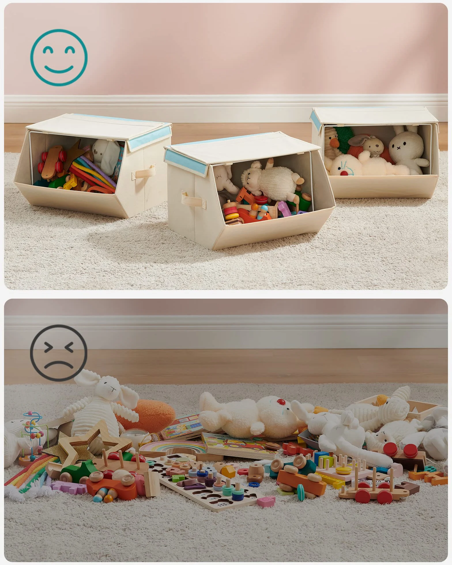 SONGMICS Cajas de Juguetes para Niños, Juego de 3 Cajas de Almacenamiento Apilables y Plegables, con Asas y Tapa Magnética, Azul