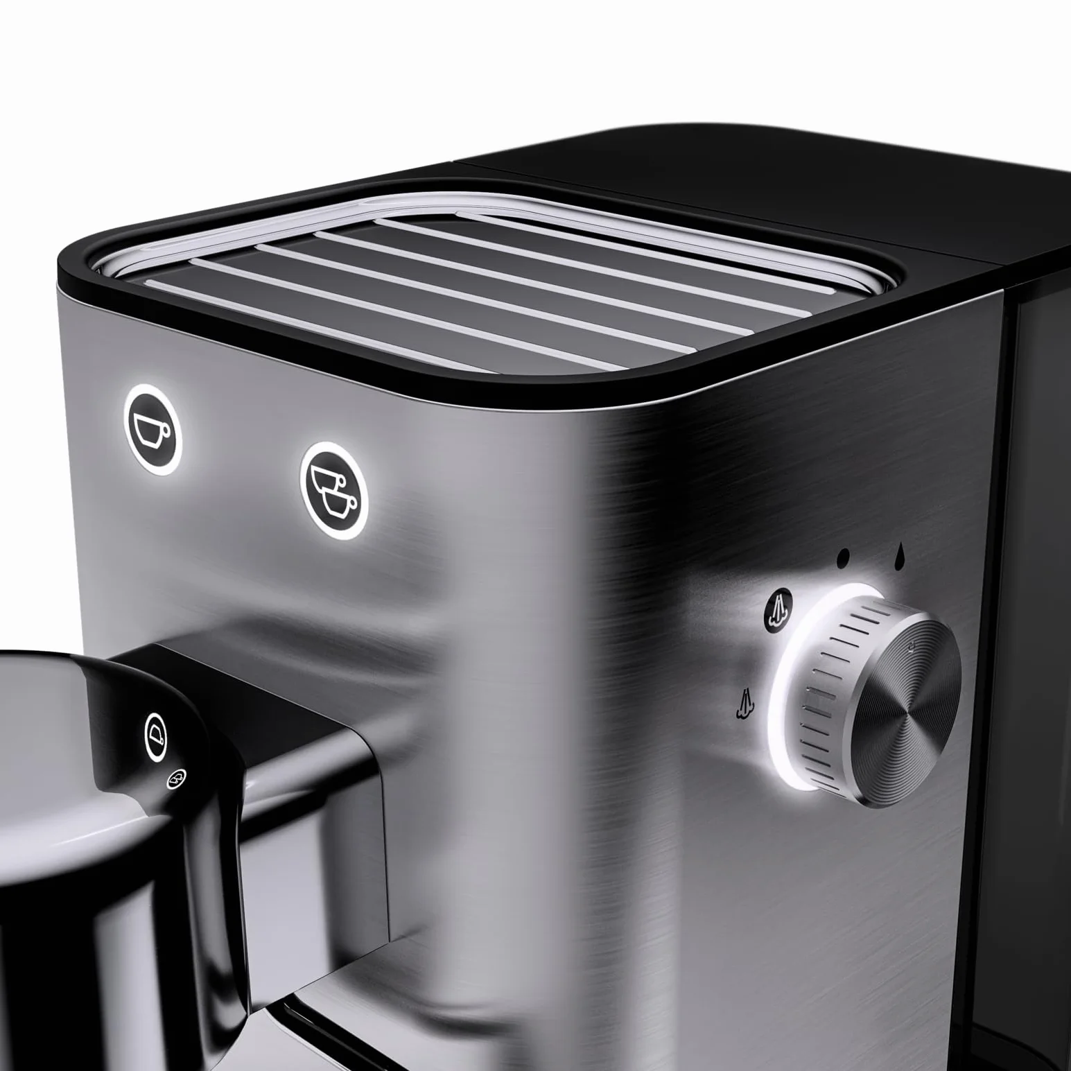 WMF Lumero - Cafetera expreso con 3 portafiltro, 1400 vatios, para 1-2 tazas de expreso, 15 bares, reposavasos, espumador de leche, prensador de café, luz led, acero inoxidable mate