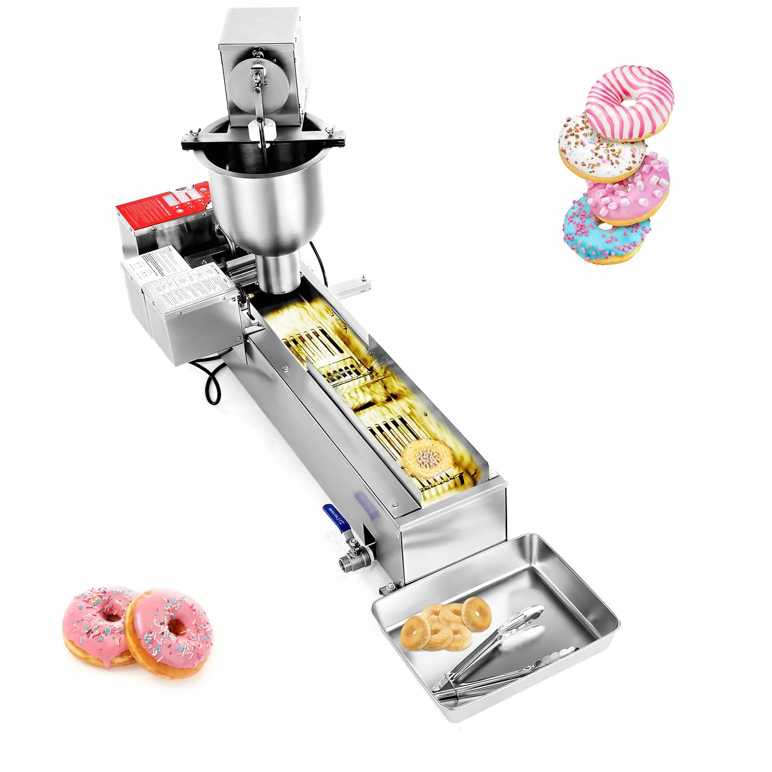 VEVOR Máquina Automática para Hacer Donas, Equipo para Hacer Donas de Una Sola Fila, Alta Potencia de 90 Piezas/Hora, Acero Inoxidable, con Moldes de 3 Tamaños y Conteo Automático, 14,5 L, Plata