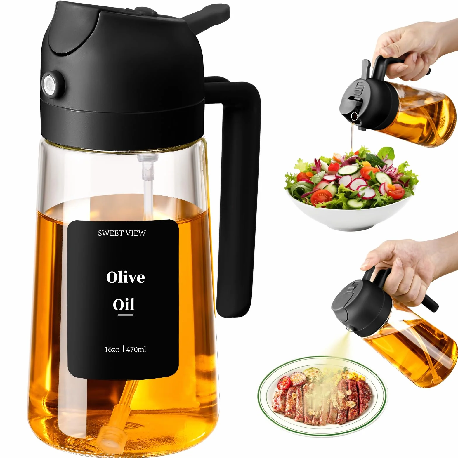 SWEET VIEW 470ml 2 en 1 Dispensador de Aceite y Pulverizador de Aceite, Vertedor Dispensador de Aceite de Oliva para, Cocina, Cocinar,Freidora de Aire,Ensalada, Barbacoa (Negro)