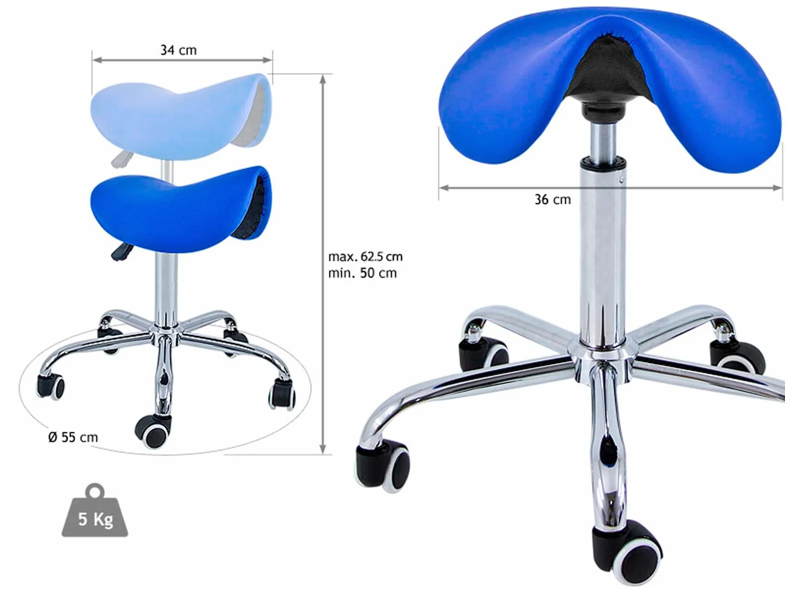QUIRUMED Taburete Pony 5 Ruedas, Base cromada, Tapizado Polipiel, Regulable Altura, Giratorio, 150 kg