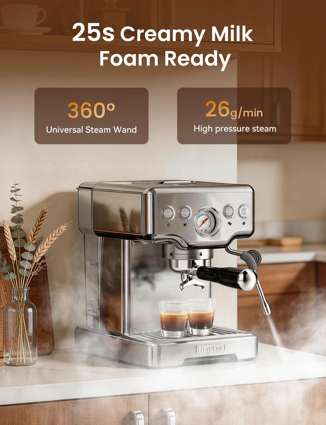 Neretva Cafetera, Cafetera Espresso Profesional Con Manómetro Visible 1450W de Acero Inoxidable Depósito de 1,8L & Vaporizador Coffee Machine Doméstica 15 Bar - Espresso/Latte/Cappuccino/Machiato