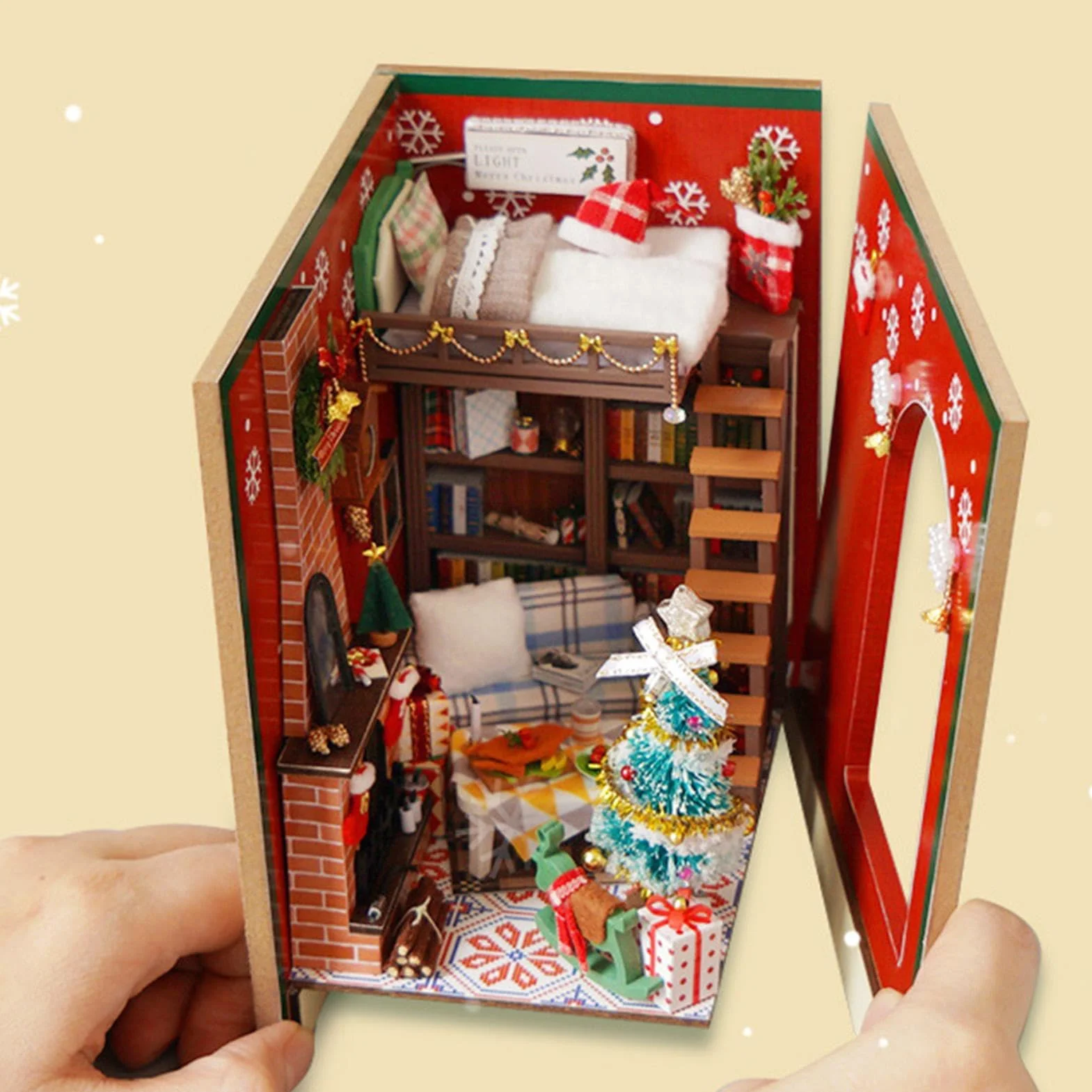 Kit de esquina de libro - Decoración de casa de Navidad, kit de decoración de estantes | Kit de construcción de casa en miniatura de madera, kit de sujetalibros miniatura decorativos, kit de casa en
