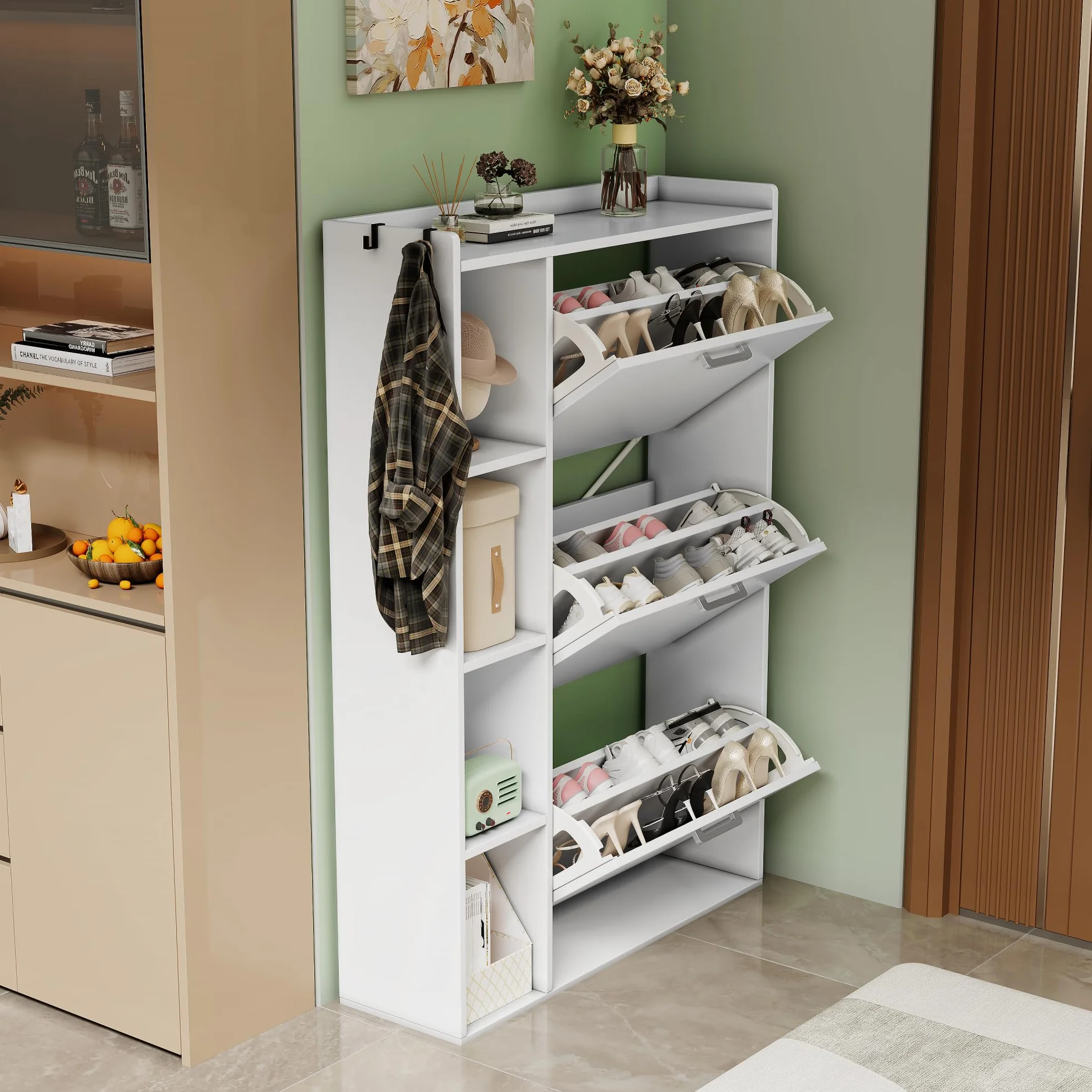 Zapatero Estrecho Recibidor Mueble Zapatero 3 Puertas con 4 Compartimentos de Almacenamiento para 18-24 Pares de Zapatos，para Sala de Estar, Pasillo de Entrada, 80x24x122cm Blanco