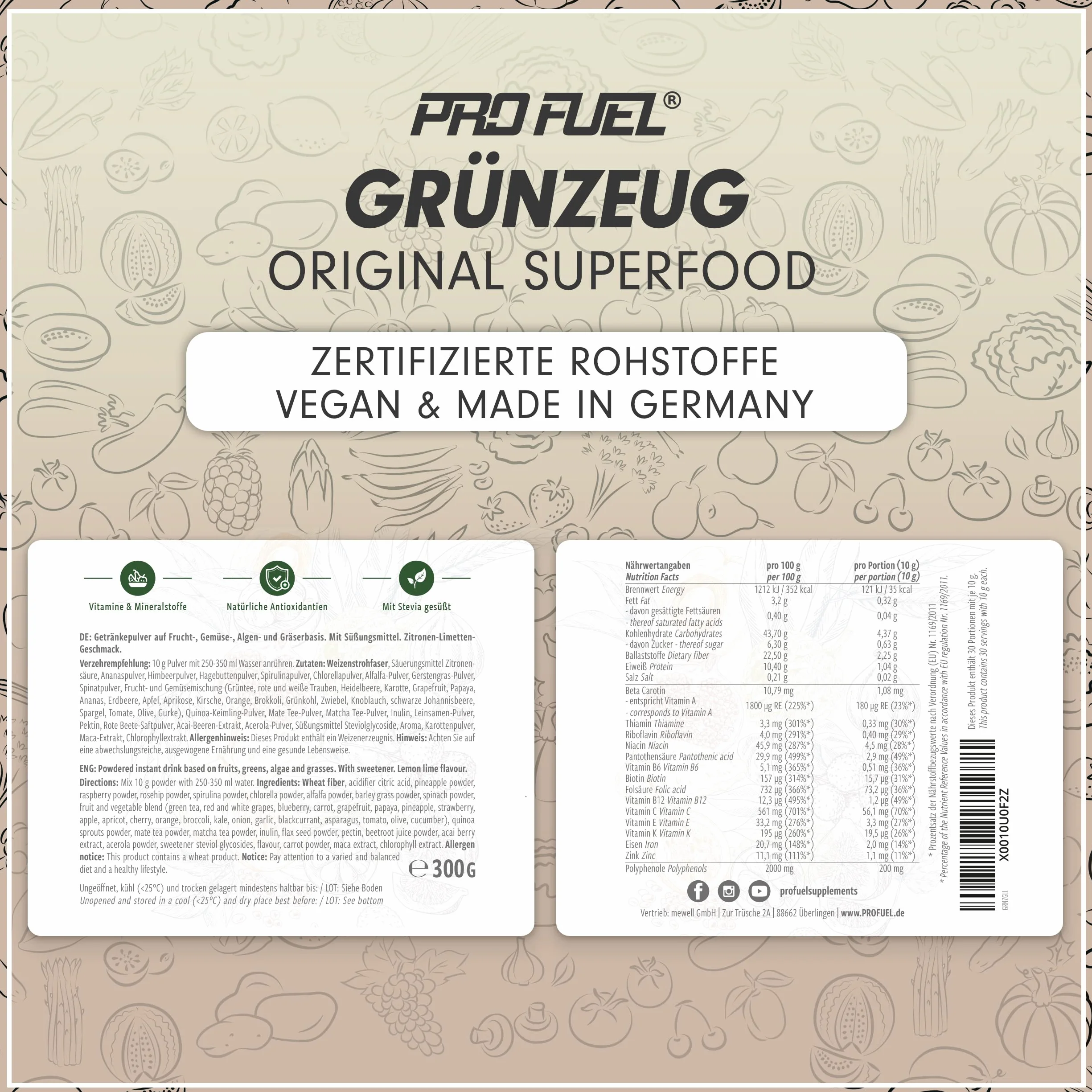 ProFuel Grünzeug Superfood Smoothie Pulver, 300 g Dose (Lemon Lime)