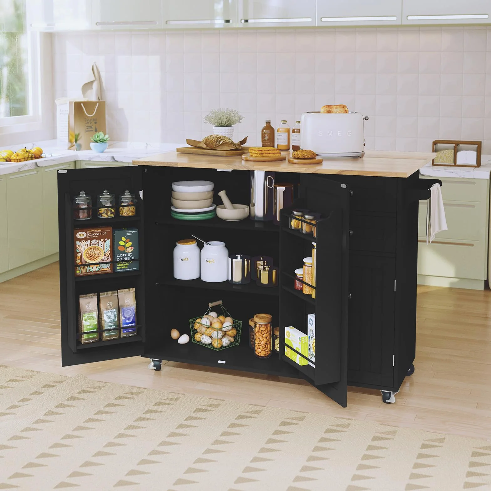 HOLTICO Isla de Cocina sobre Ruedas,Mueble de Cocina con Encimera Extensible de Caucho,3 Estantes Regulables y Especiero de 3 Niveles,para Comedor y Sala de Estar,128x46x91cm,Negro