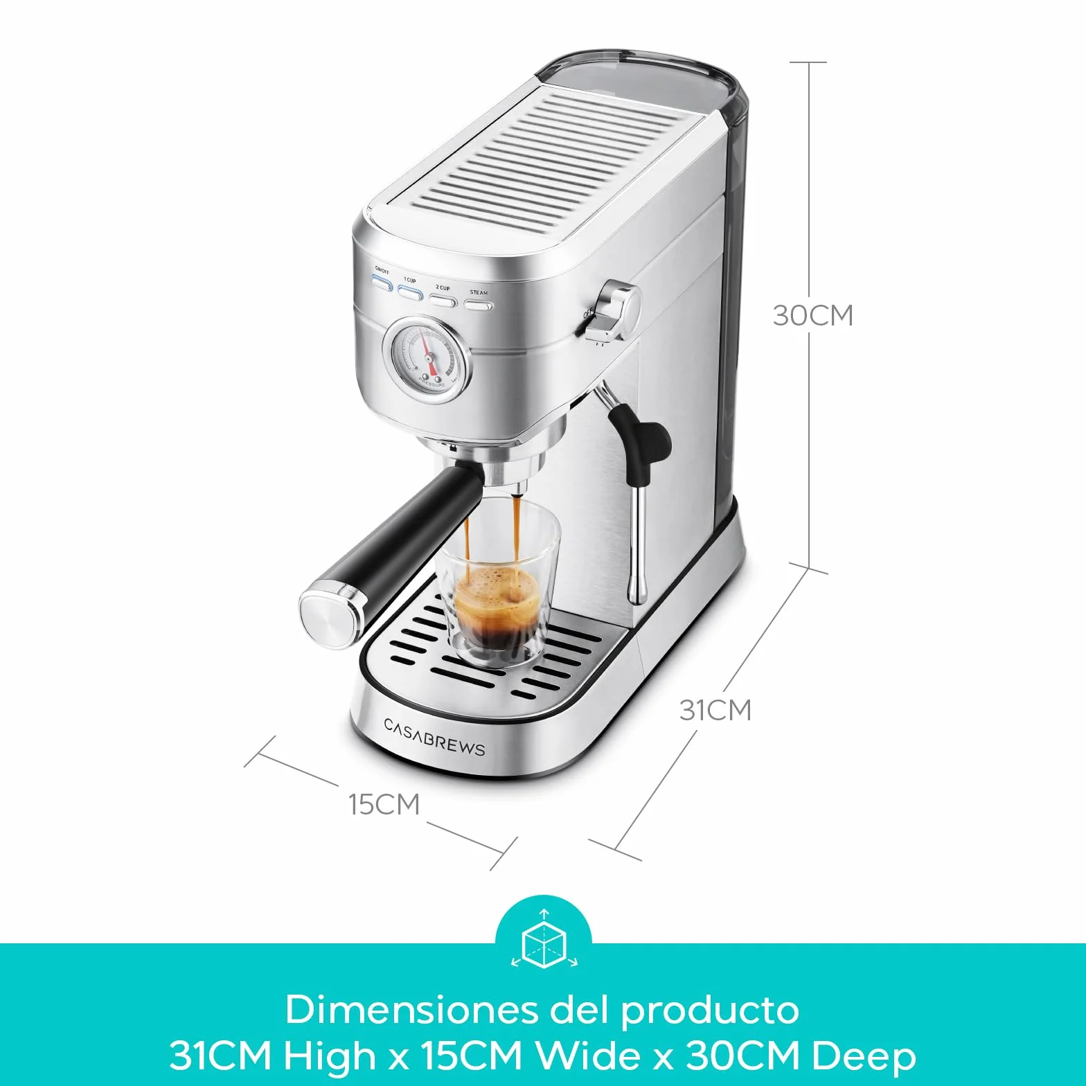 CASABREWS Cafetera Expresso y Capuccino, 20 Bares Café Expreso Manual con Manómetro, Barista Cafetera Cafe Molido, Depósito Extraíble de 1L, Portafiltros con Doble Salida y 2 Filtros, 1350W, Inox