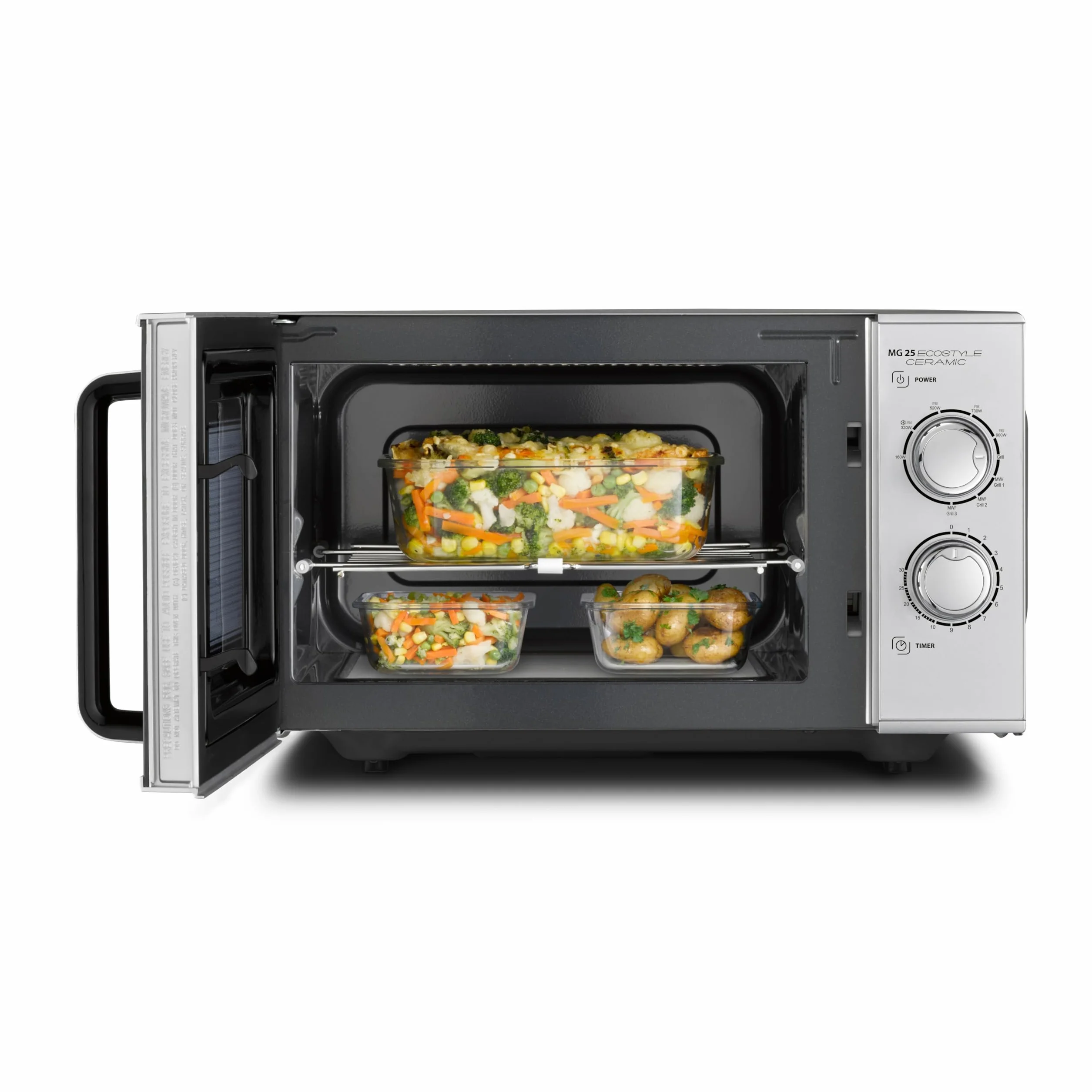 CASO MG 25 Ecosytle Ceramic - Microondas 2 en 1 sin plato giratorio con grill de 1000W - Capacidad de 25L - Temporizador hasta 30 mins - grande - plateado