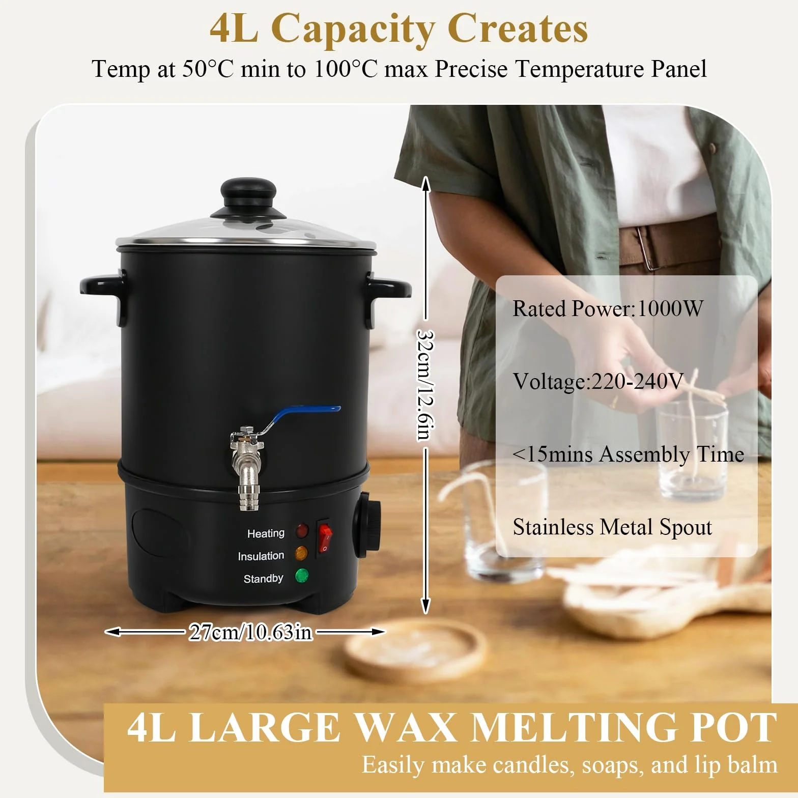 Fundidor de Cera para Hacer Velas, 4L Olla Eléctrica Para Derretir Velas, Fundidor De Cera Velas con Boquilla Vertedora y Control de Temperatura, Kit de Fabricación para Velas, Fácil de Verter