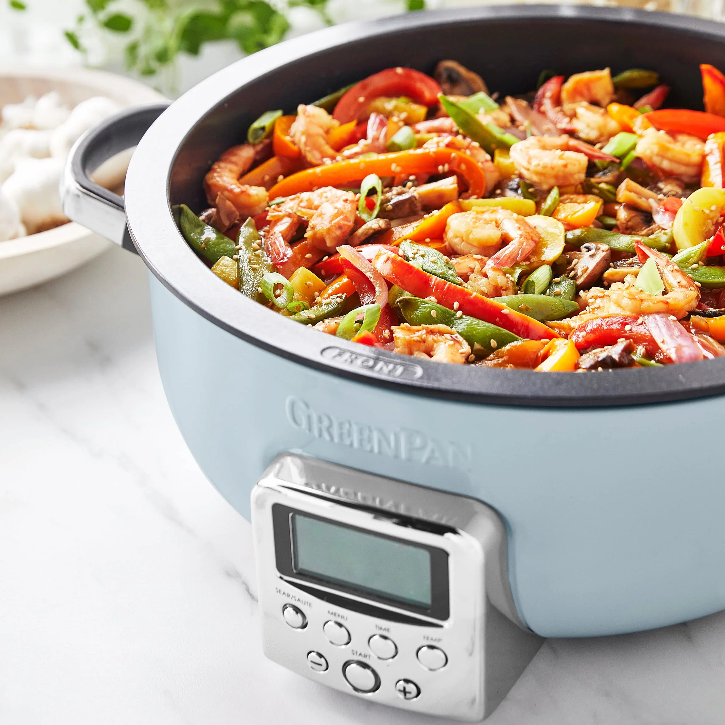 GreenPan Elite Multicooker Eléctrica 5.6L, Preajustes Saltear, Recubrimiento Cerámico Antiadherente Sin PFAS, Pantalla LED, Azul Haze