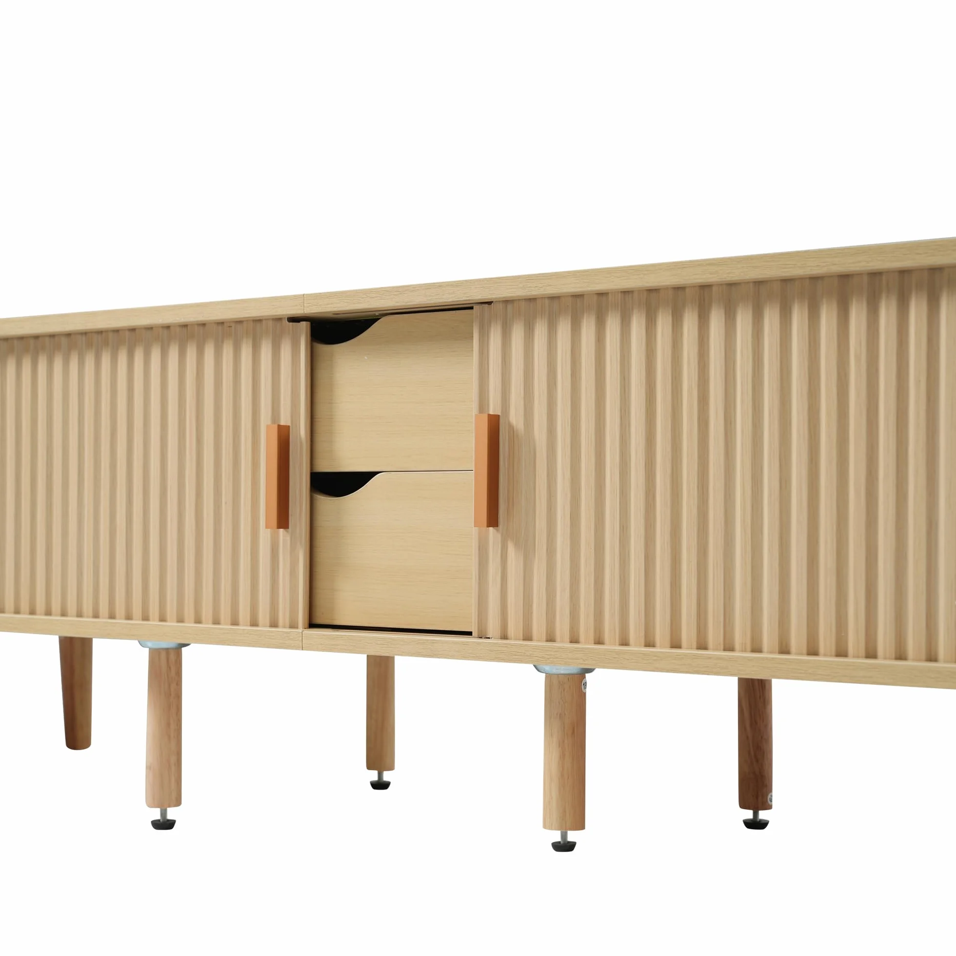Mueble para TV de salón con espacio de almacenamiento + tablero de fibra de densidad media redonda de grano de madera, 2 cajones, capacidad de carga 30 kg, tamaño 175 x 40 x 42 cm