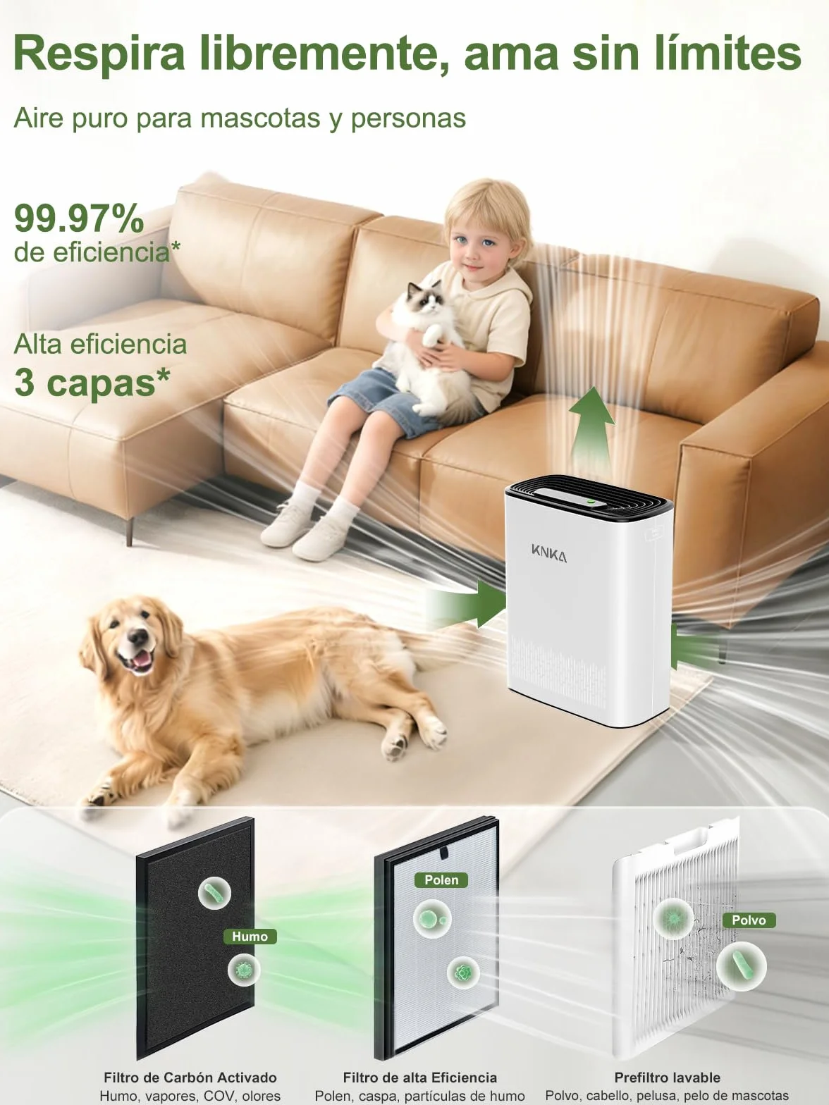 KNKA Purificador de aire, CADR 300 m³/h, hasta 80 m², Rendimiento HEPA (Modo Noche) ya que elimina 99,97% Polvo/Polen/Olores, con Sensor Inteligente, Ideal Fumatori y Mascotas, APH3000